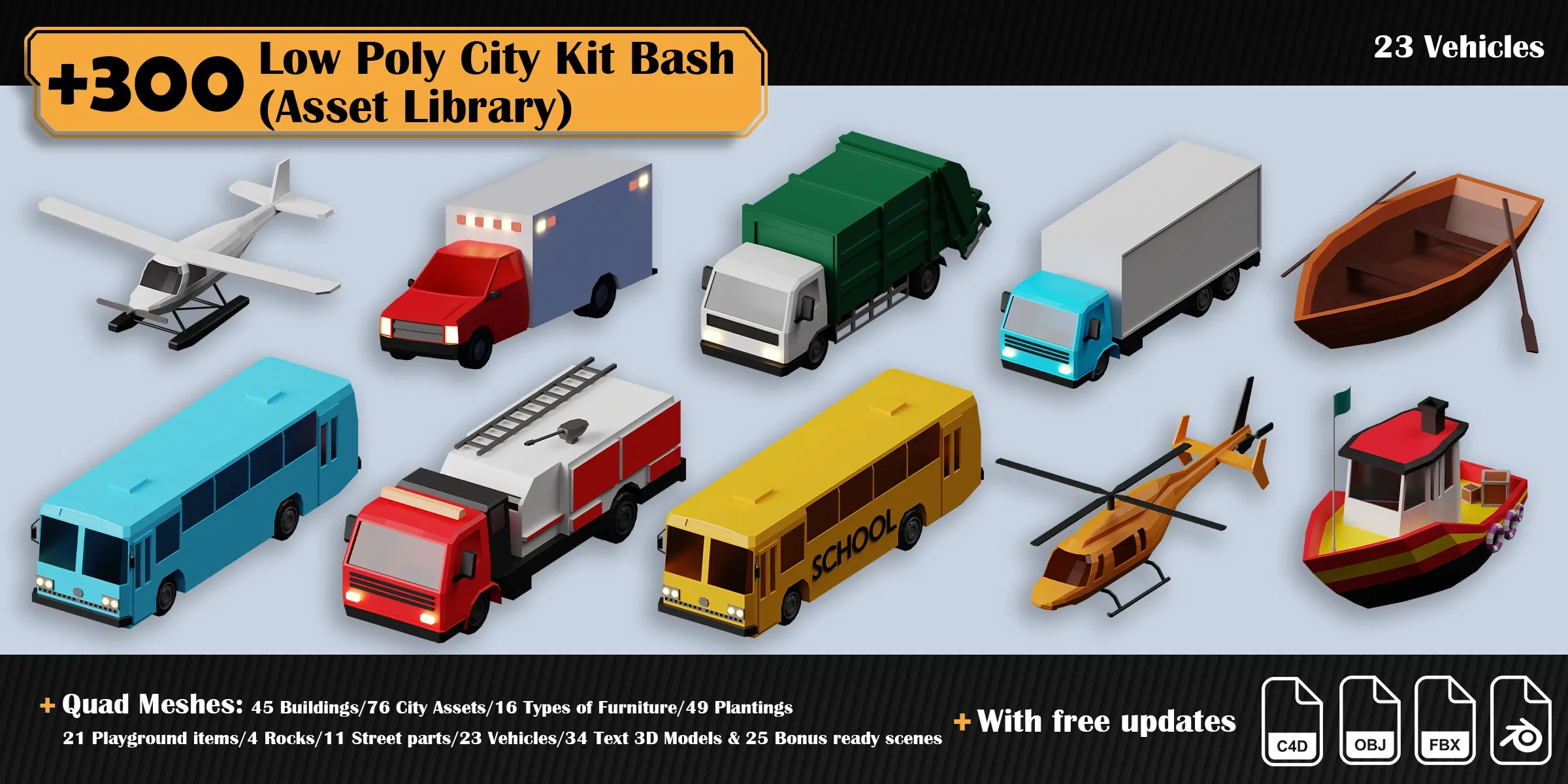 Low Poly City Asset Library Kitbash (+300 Objects)