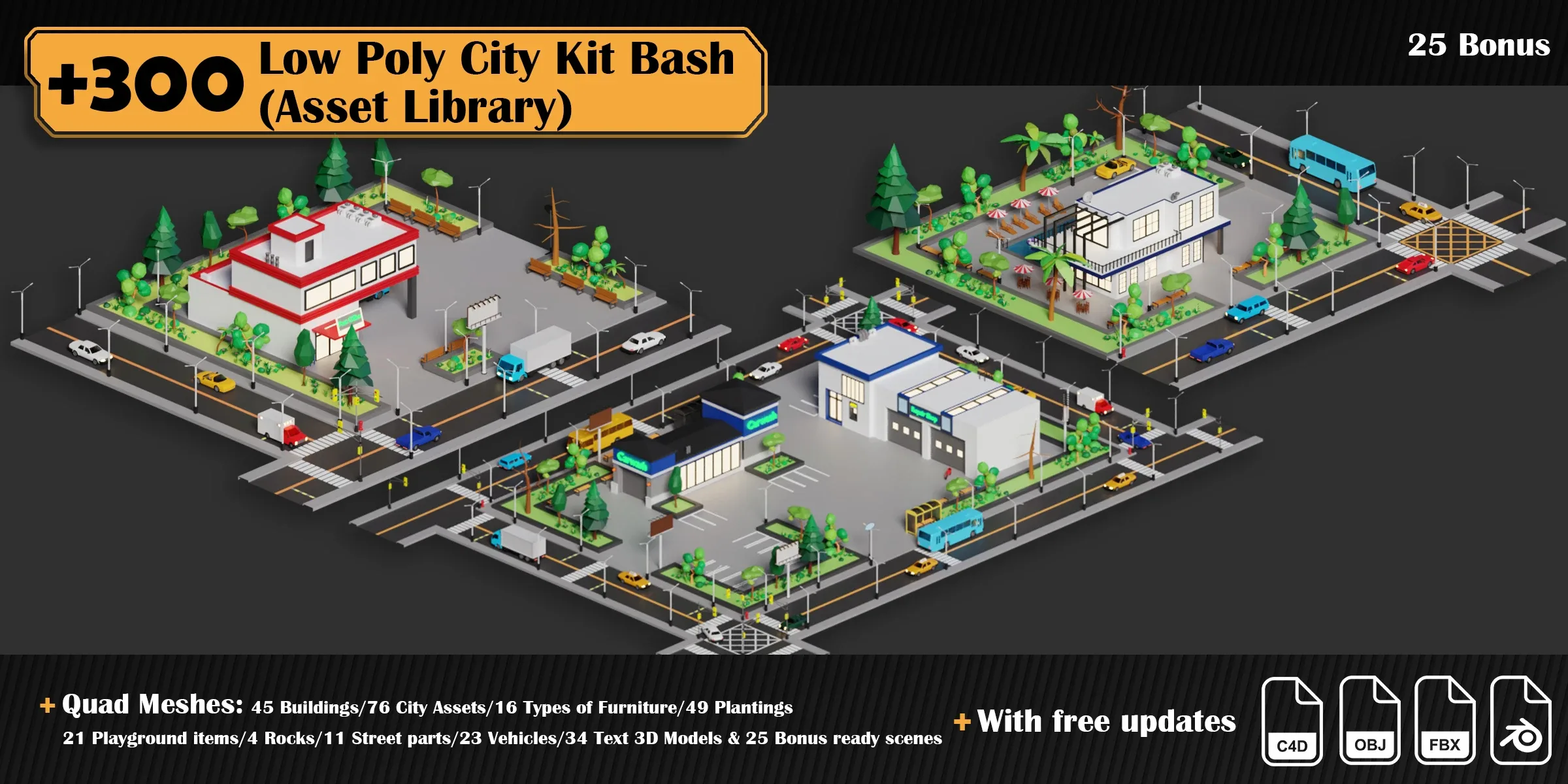 Low Poly City Asset Library Kitbash (+300 Objects)