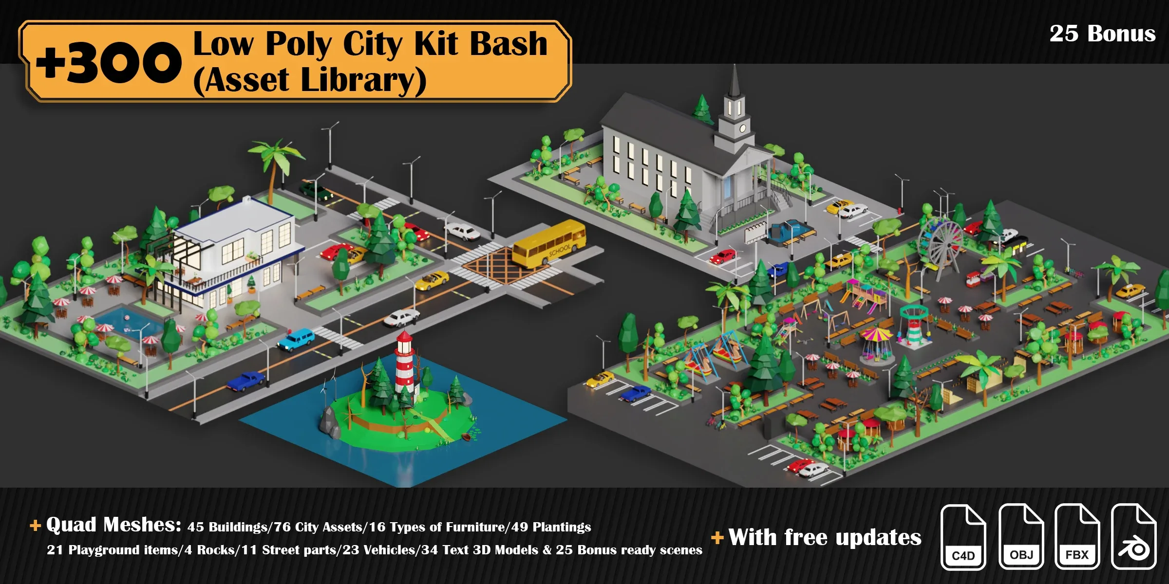 Low Poly City Asset Library Kitbash (+300 Objects)