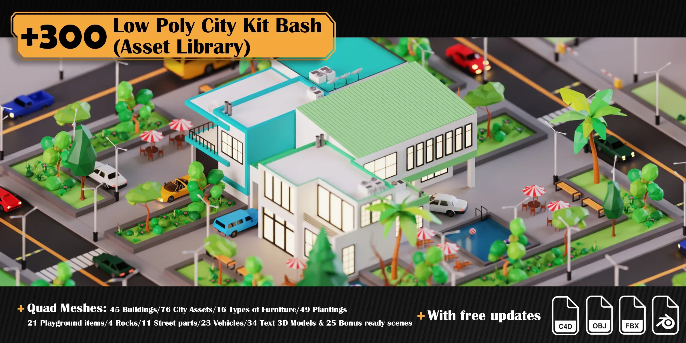 Low Poly City Asset Library Kitbash (+300 Objects)