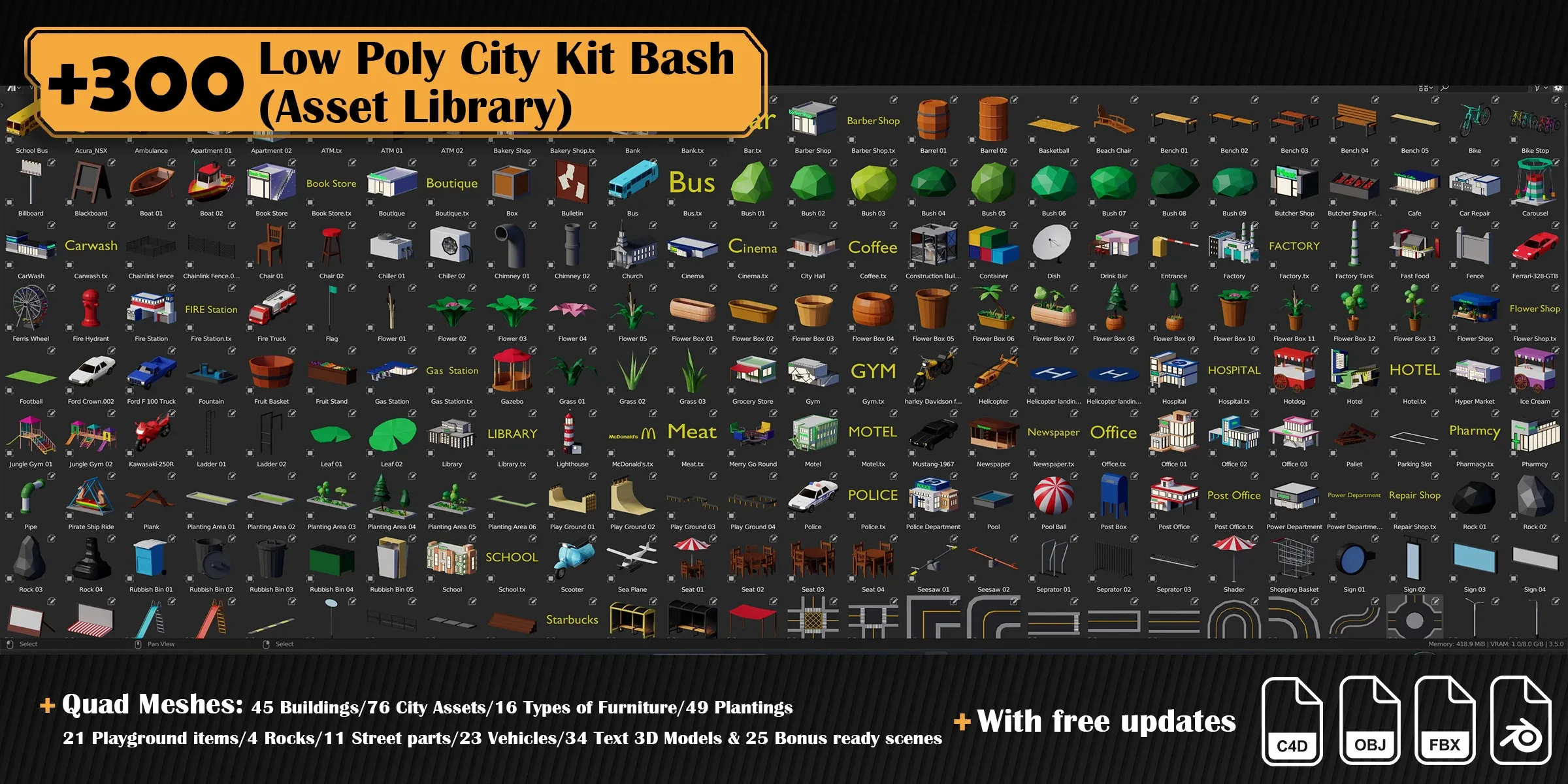 Low Poly City Asset Library Kitbash (+300 Objects)