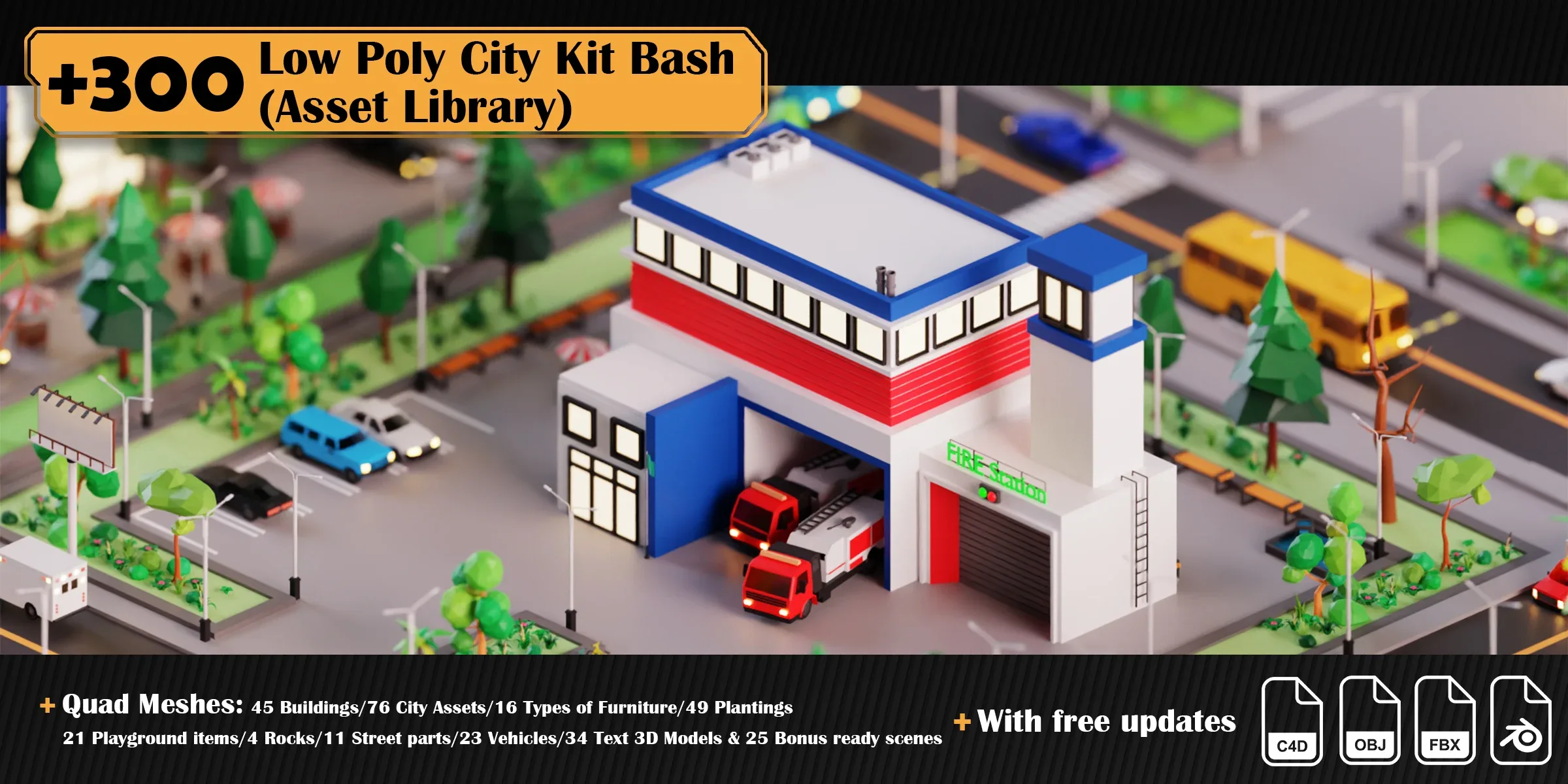 Low Poly City Asset Library Kitbash (+300 Objects)