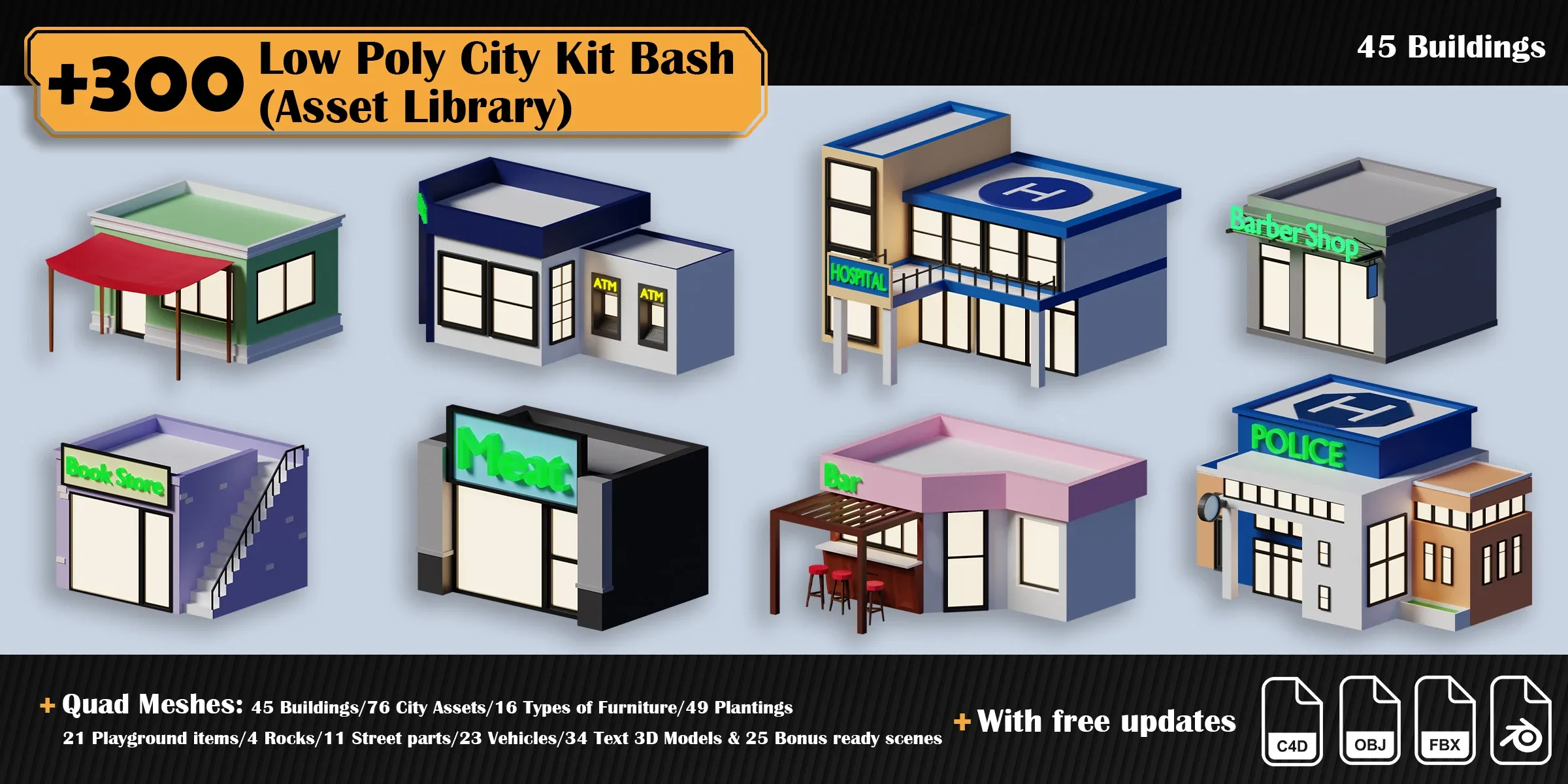 Low Poly City Asset Library Kitbash (+300 Objects)