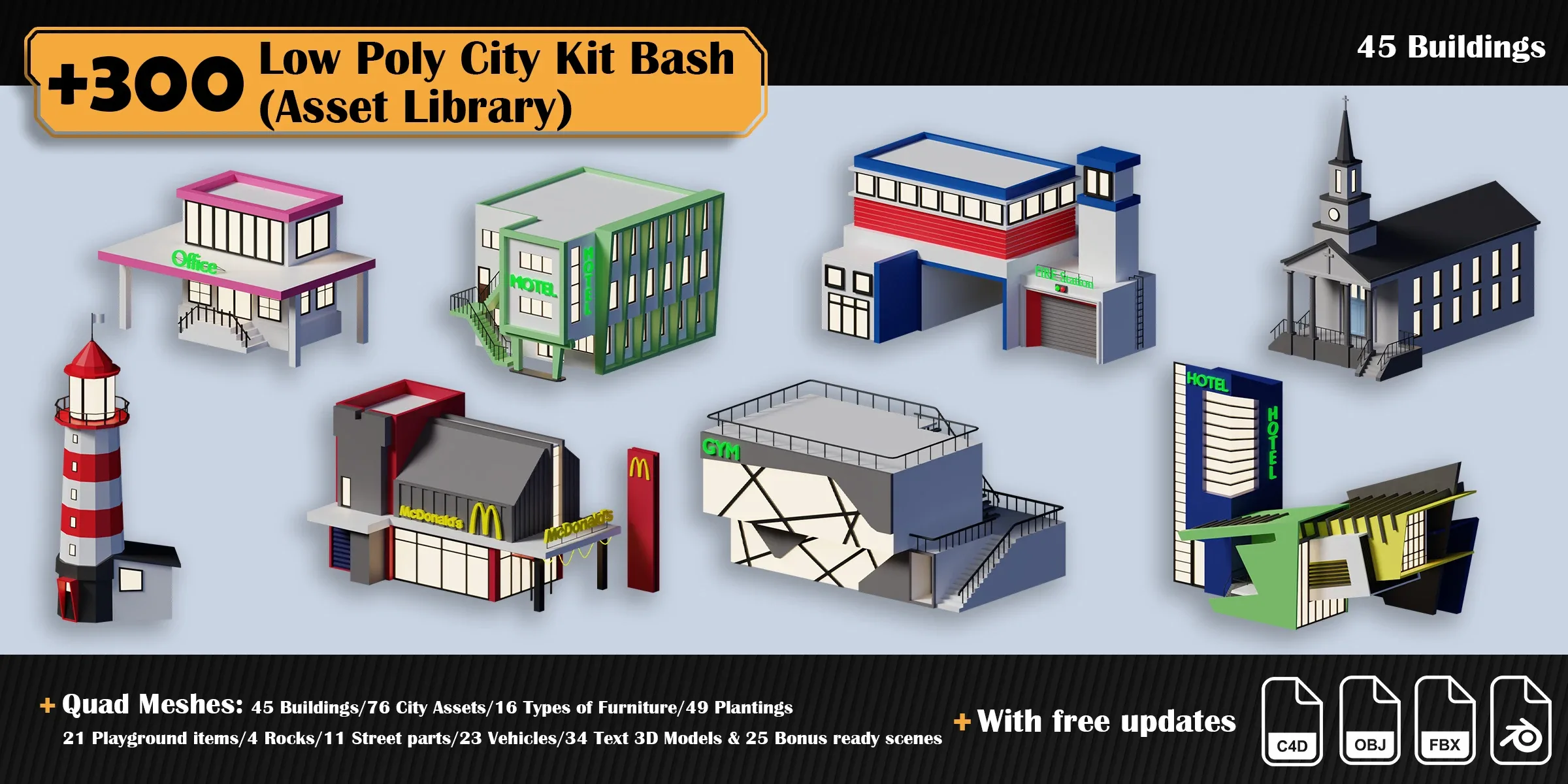 Low Poly City Asset Library Kitbash (+300 Objects)