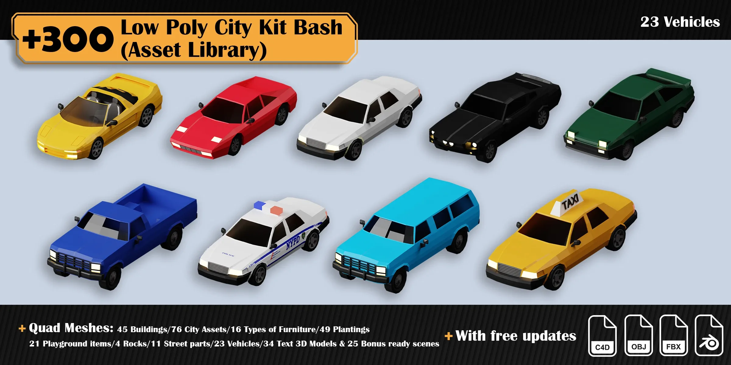 Low Poly City Asset Library Kitbash (+300 Objects)