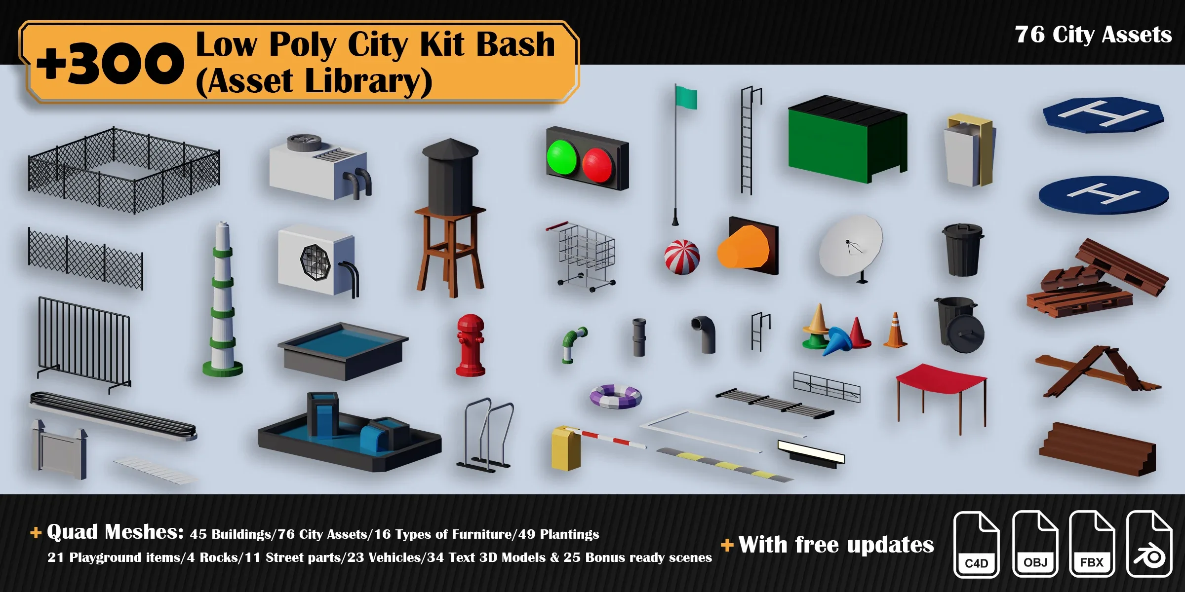 Low Poly City Asset Library Kitbash (+300 Objects)