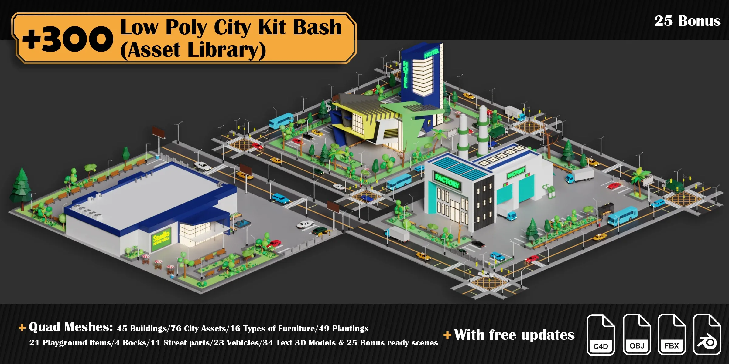 Low Poly City Asset Library Kitbash (+300 Objects)