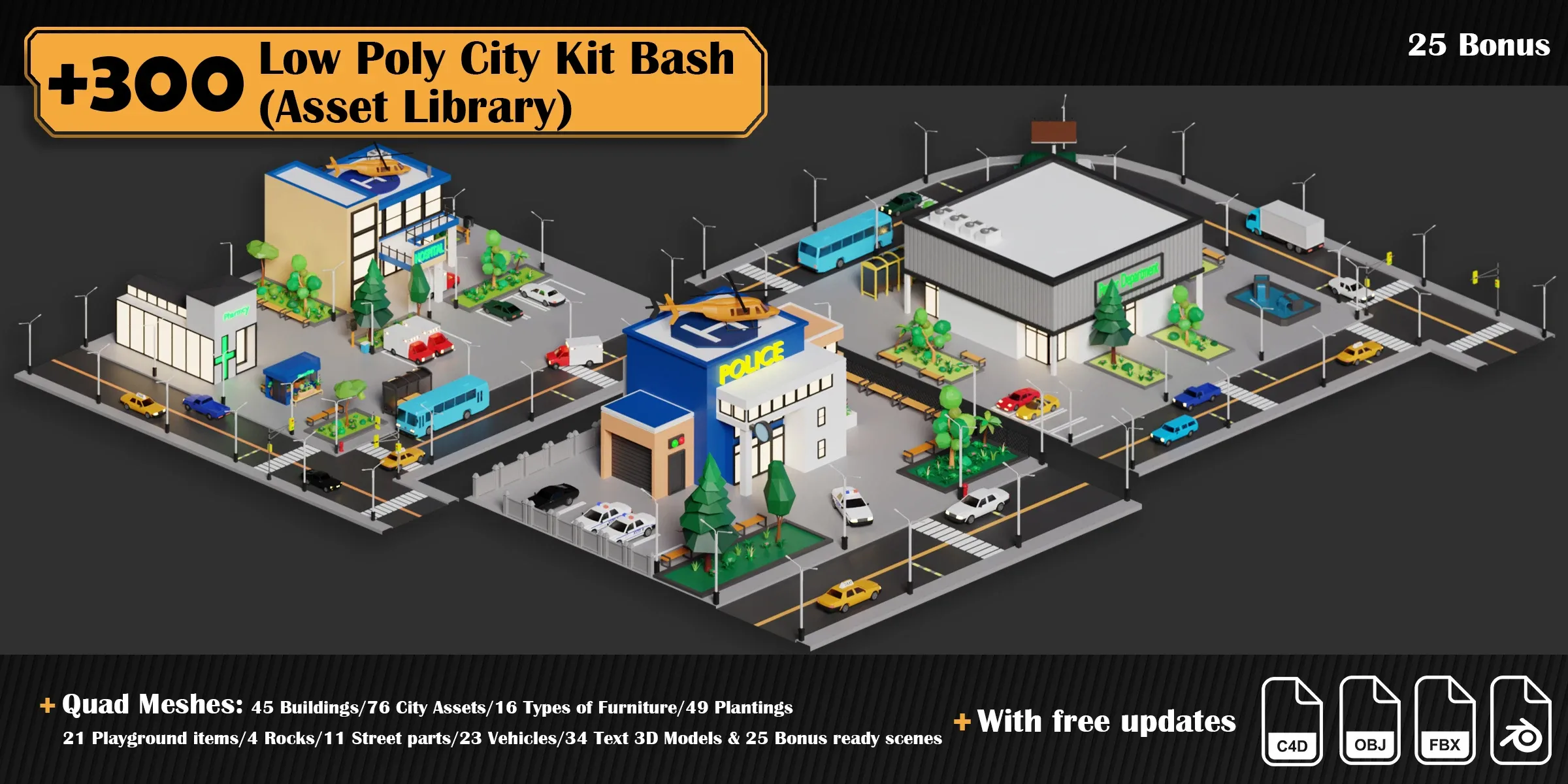 Low Poly City Asset Library Kitbash (+300 Objects)