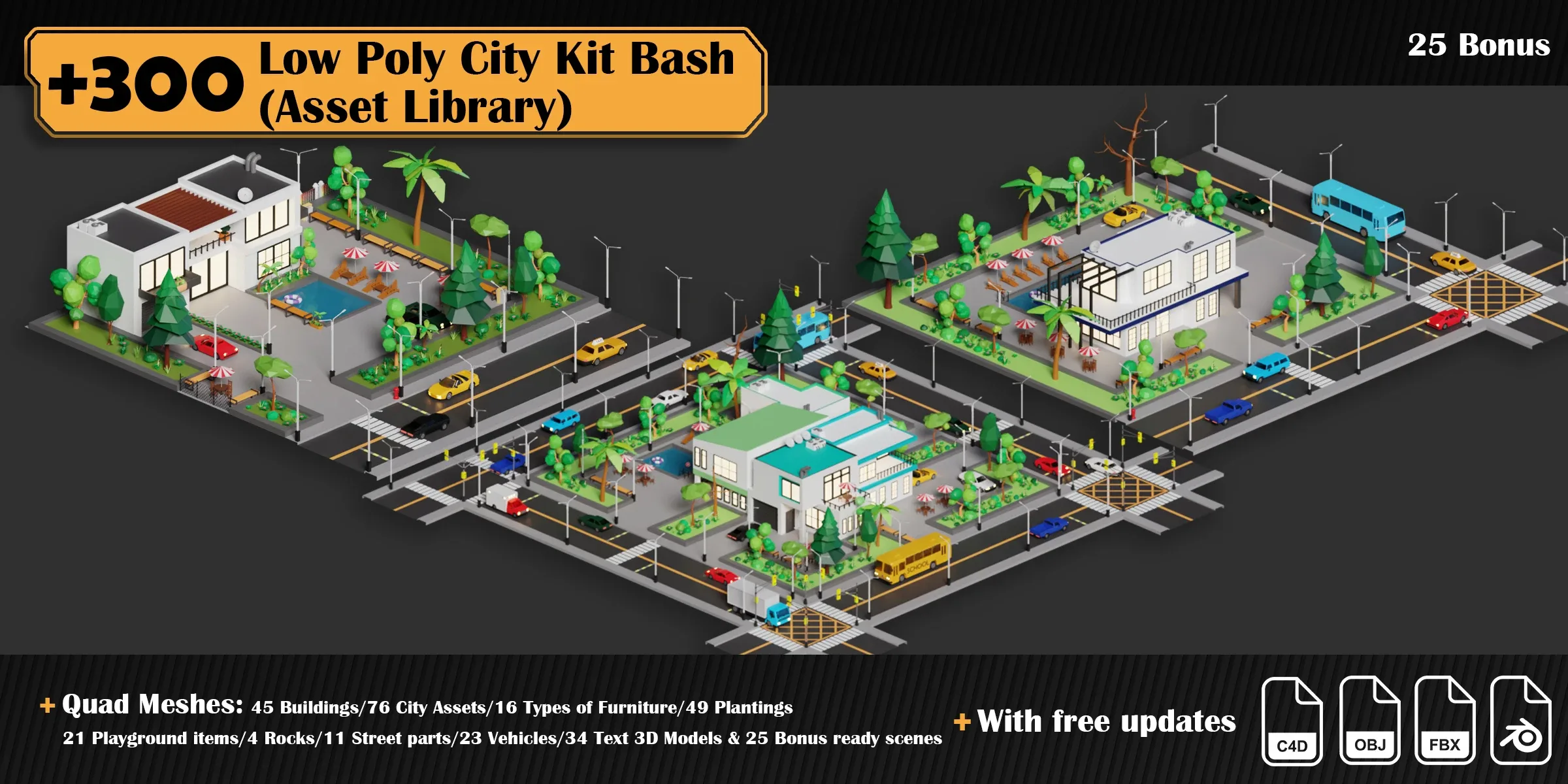 Low Poly City Asset Library Kitbash (+300 Objects)