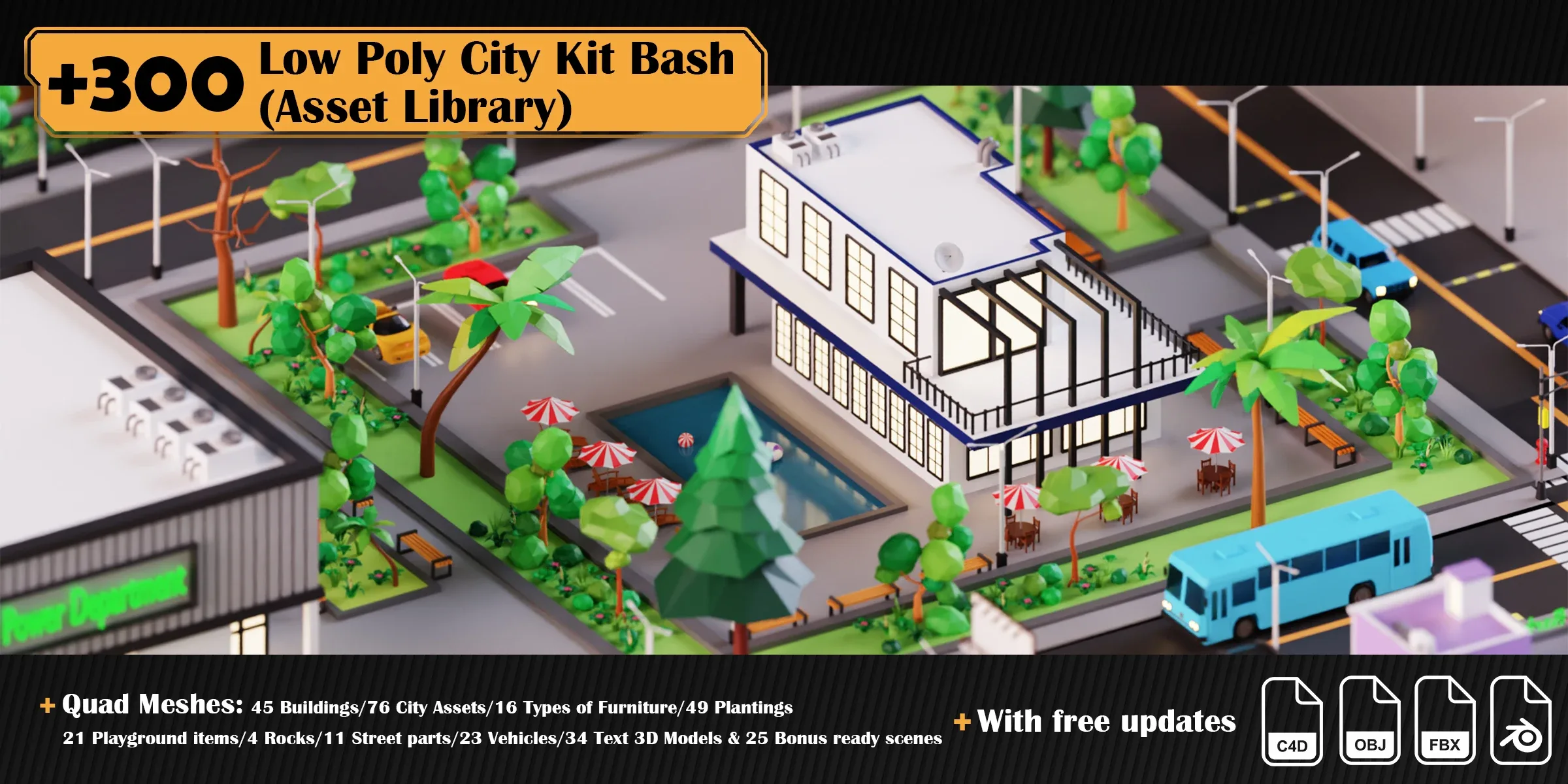 Low Poly City Asset Library Kitbash (+300 Objects)