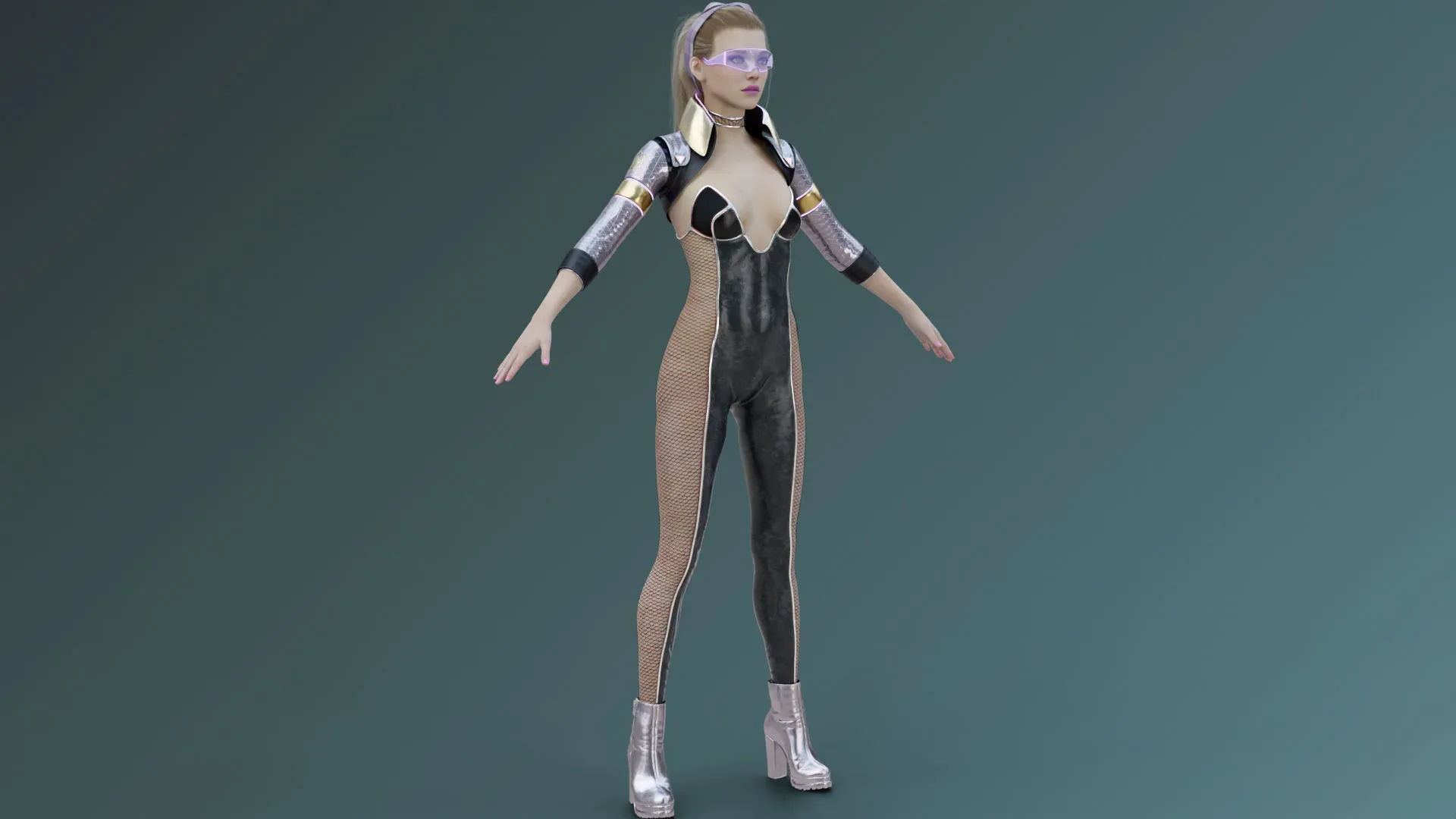 Sexy Ponytail Girl with Sci-fi Cyberpunk Soldier Armor Suit Jacket - Rigged - 4K Textures - Weapon