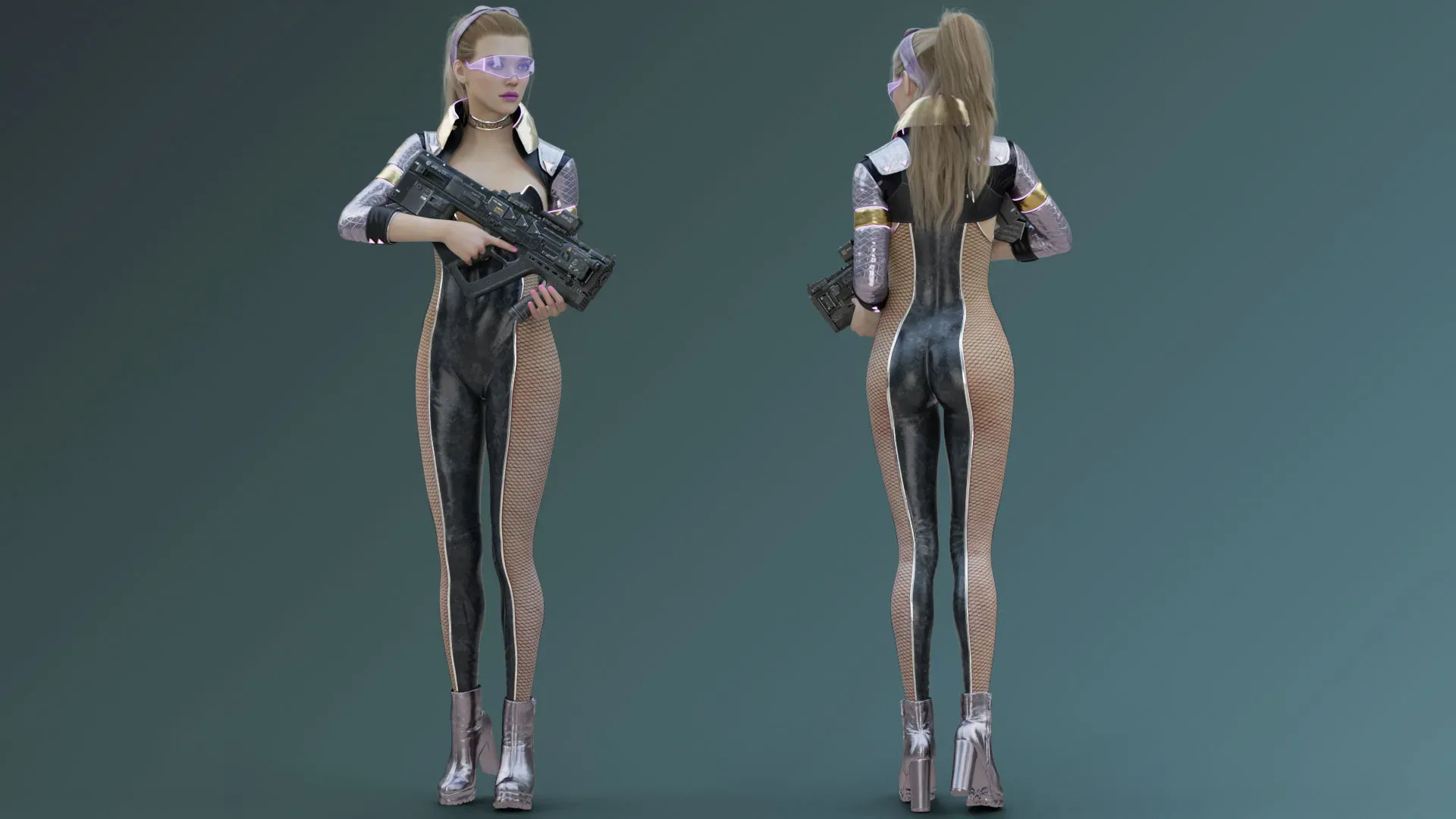 Sexy Ponytail Girl with Sci-fi Cyberpunk Soldier Armor Suit Jacket - Rigged - 4K Textures - Weapon