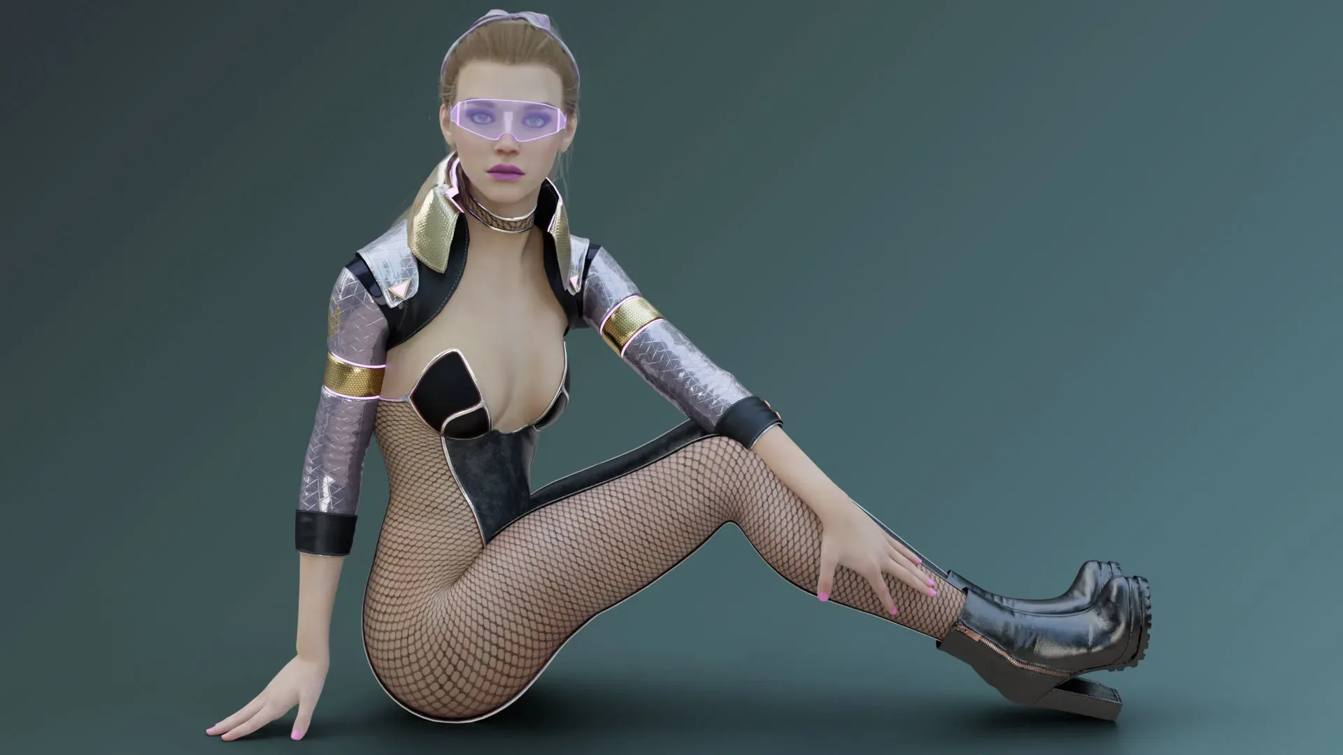 Sexy Ponytail Girl with Sci-fi Cyberpunk Soldier Armor Suit Jacket - Rigged - 4K Textures - Weapon