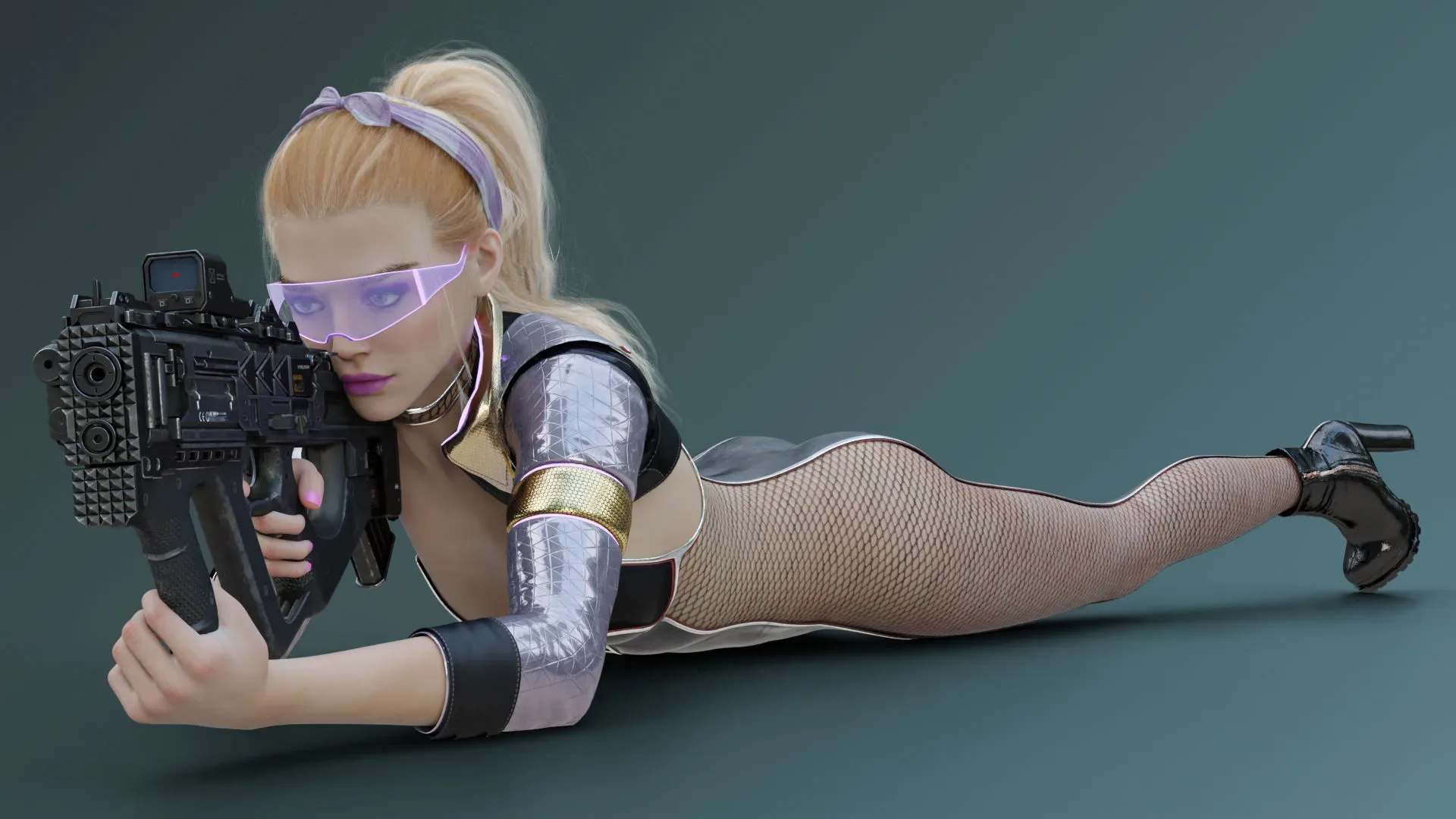 Sexy Ponytail Girl with Sci-fi Cyberpunk Soldier Armor Suit Jacket - Rigged - 4K Textures - Weapon