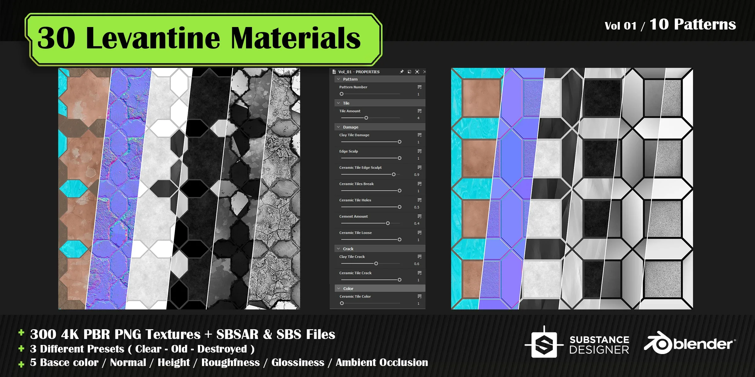 30 High quality Levantine material + SBS & SBSAR files, 10 tile-able patterns & 3 presets in 5 colors – vol 01