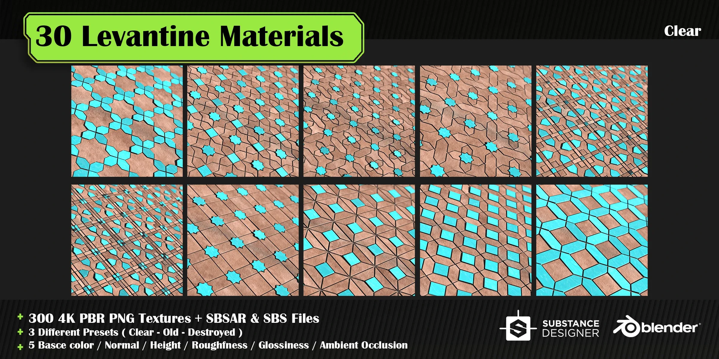 30 High quality Levantine material + SBS & SBSAR files, 10 tile-able patterns & 3 presets in 5 colors – vol 01