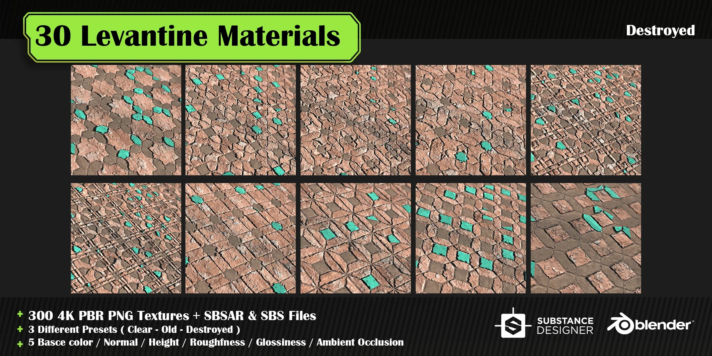 30 High quality Levantine material + SBS & SBSAR files, 10 tile-able patterns & 3 presets in 5 colors – vol 01