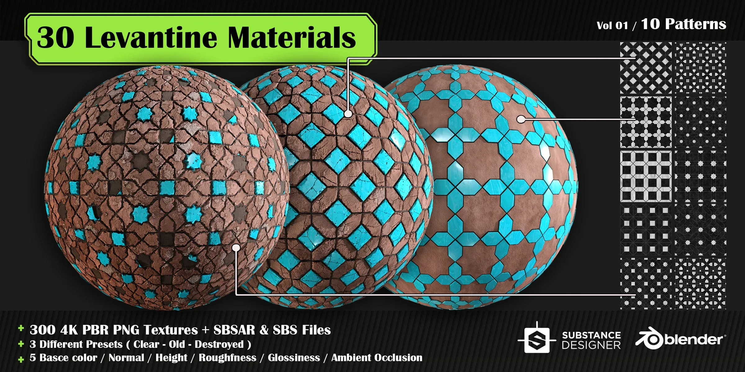 30 High quality Levantine material + SBS & SBSAR files, 10 tile-able patterns & 3 presets in 5 colors – vol 01