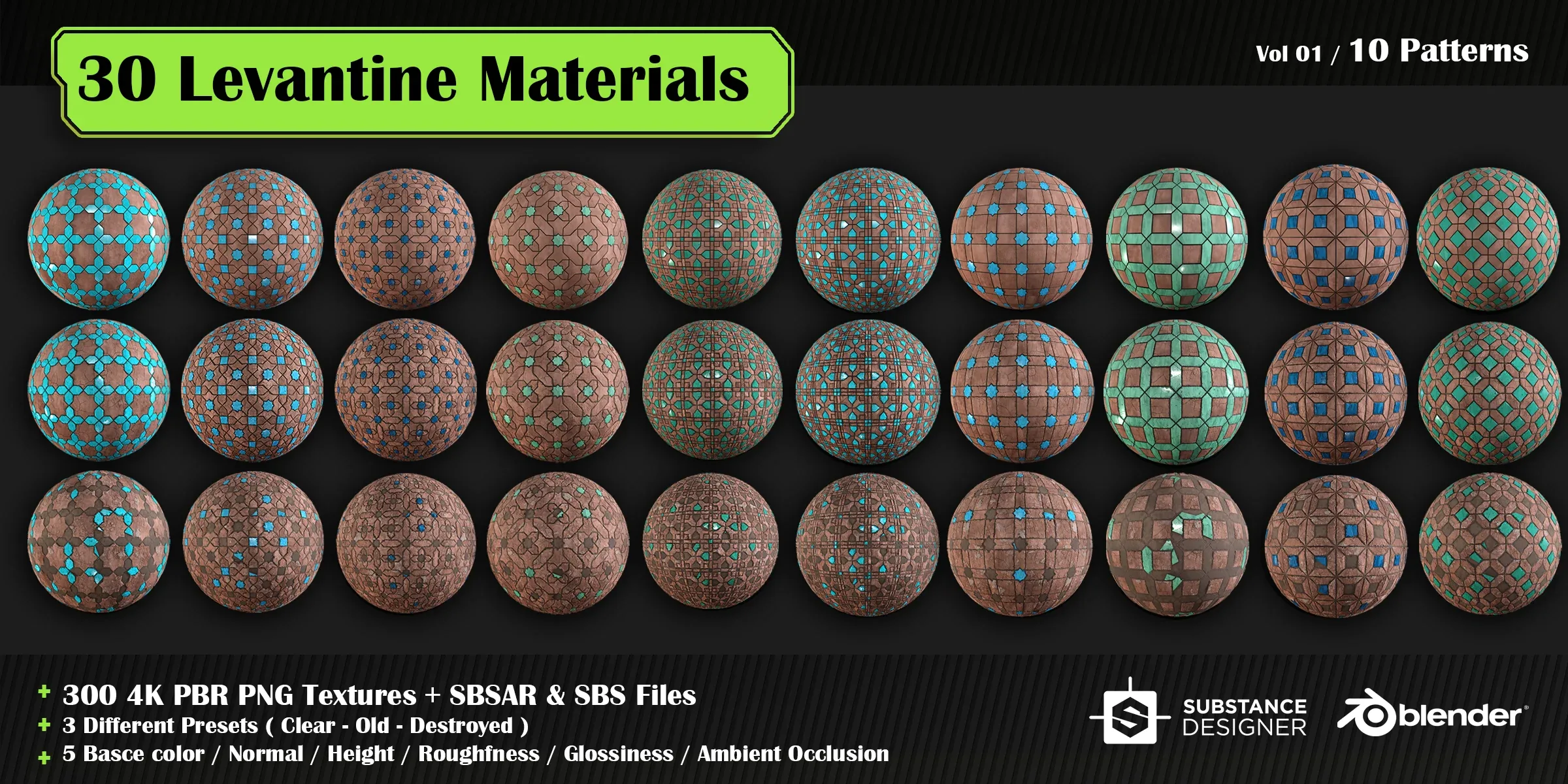 30 High quality Levantine material + SBS & SBSAR files, 10 tile-able patterns & 3 presets in 5 colors – vol 01