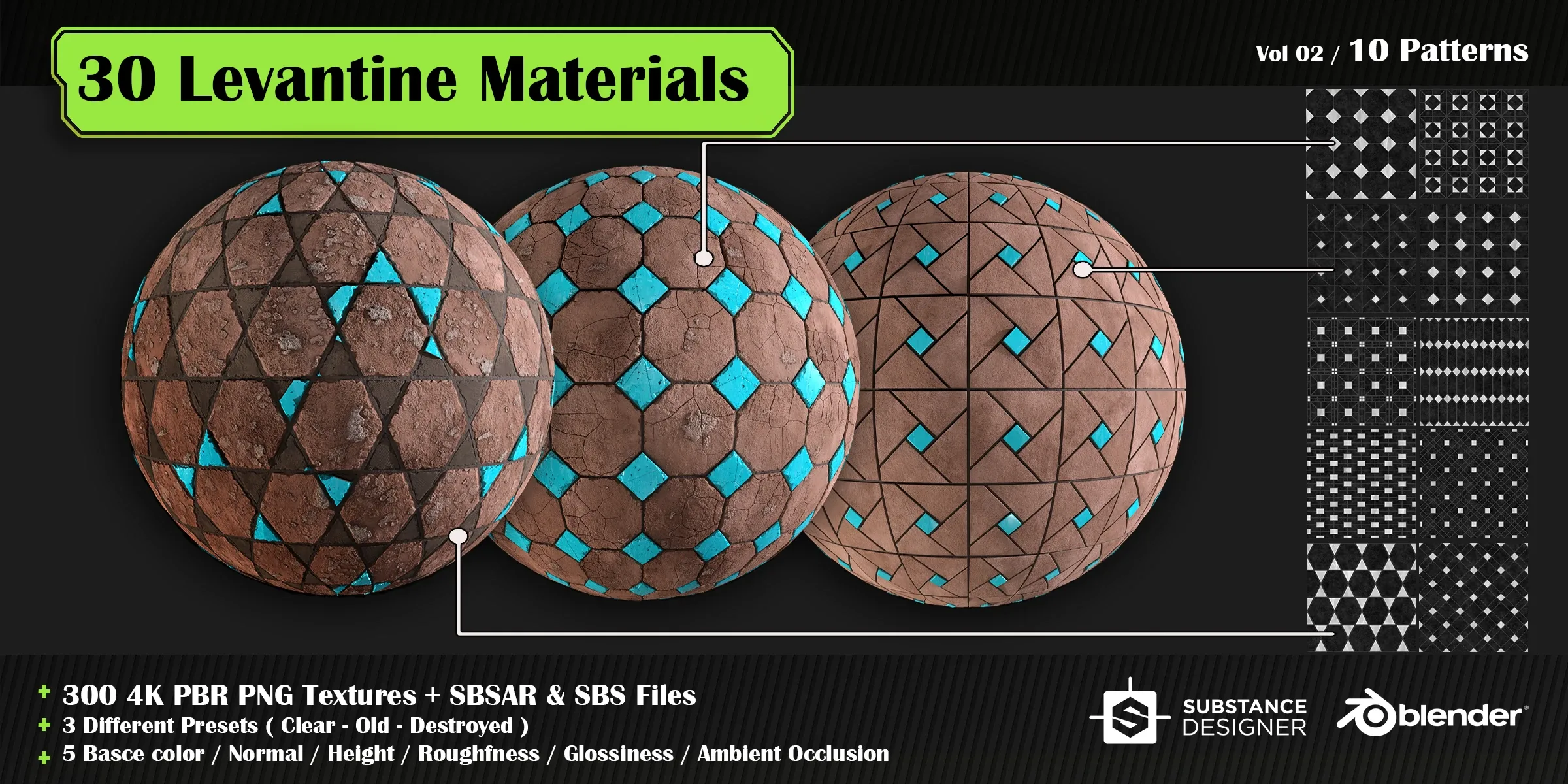 30 High quality Levantine material + SBS & SBSAR files, 10 tile-able patterns & 3 presets in 5 colors – vol 02