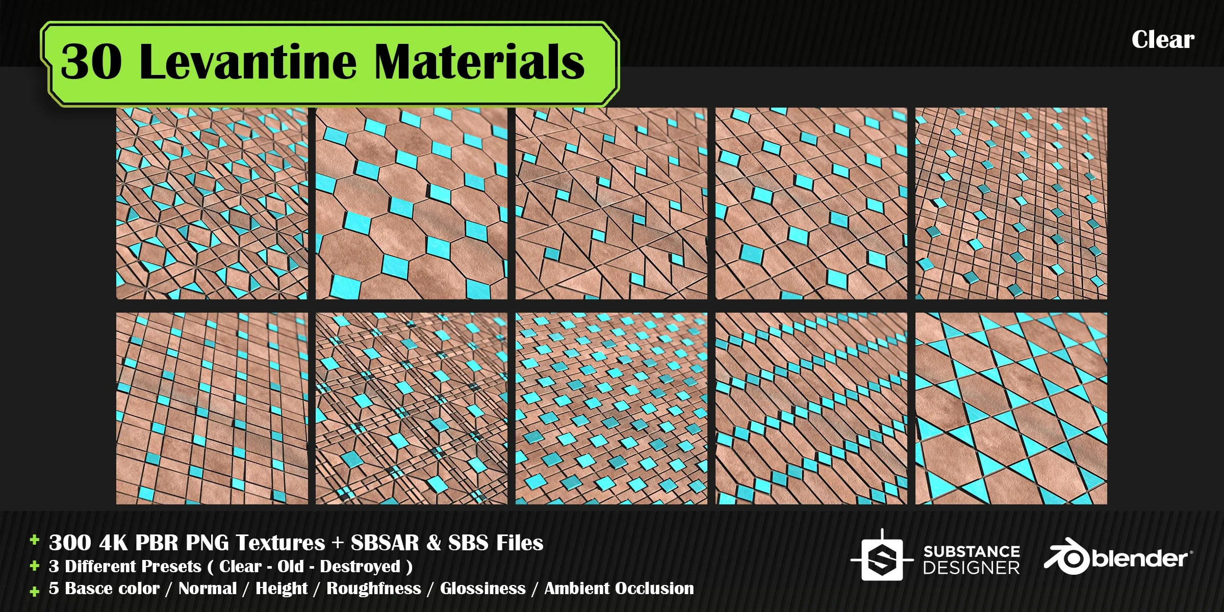 30 High quality Levantine material + SBS & SBSAR files, 10 tile-able patterns & 3 presets in 5 colors – vol 02