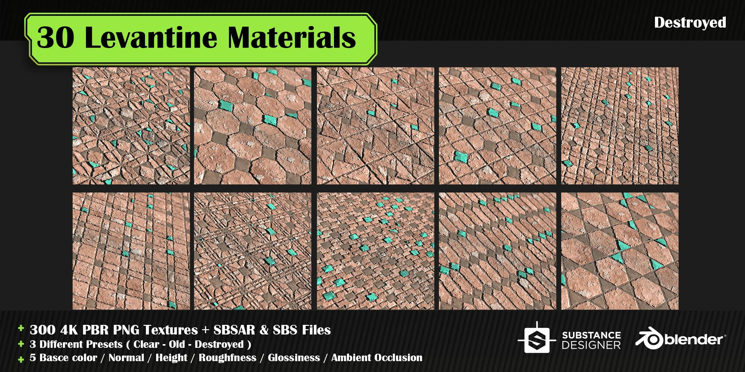 30 High quality Levantine material + SBS & SBSAR files, 10 tile-able patterns & 3 presets in 5 colors – vol 02