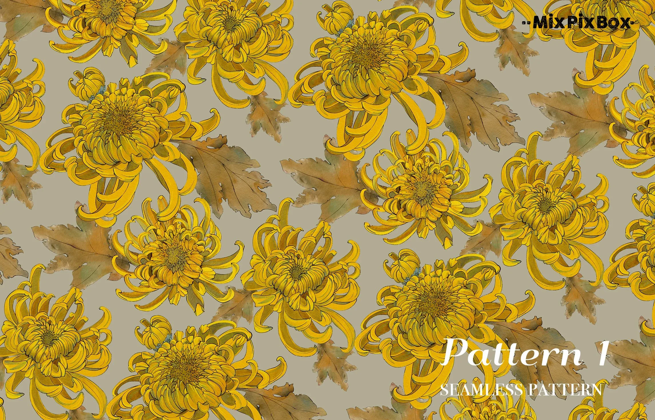 Golden Chrysanthemum Seamless Pattern Set