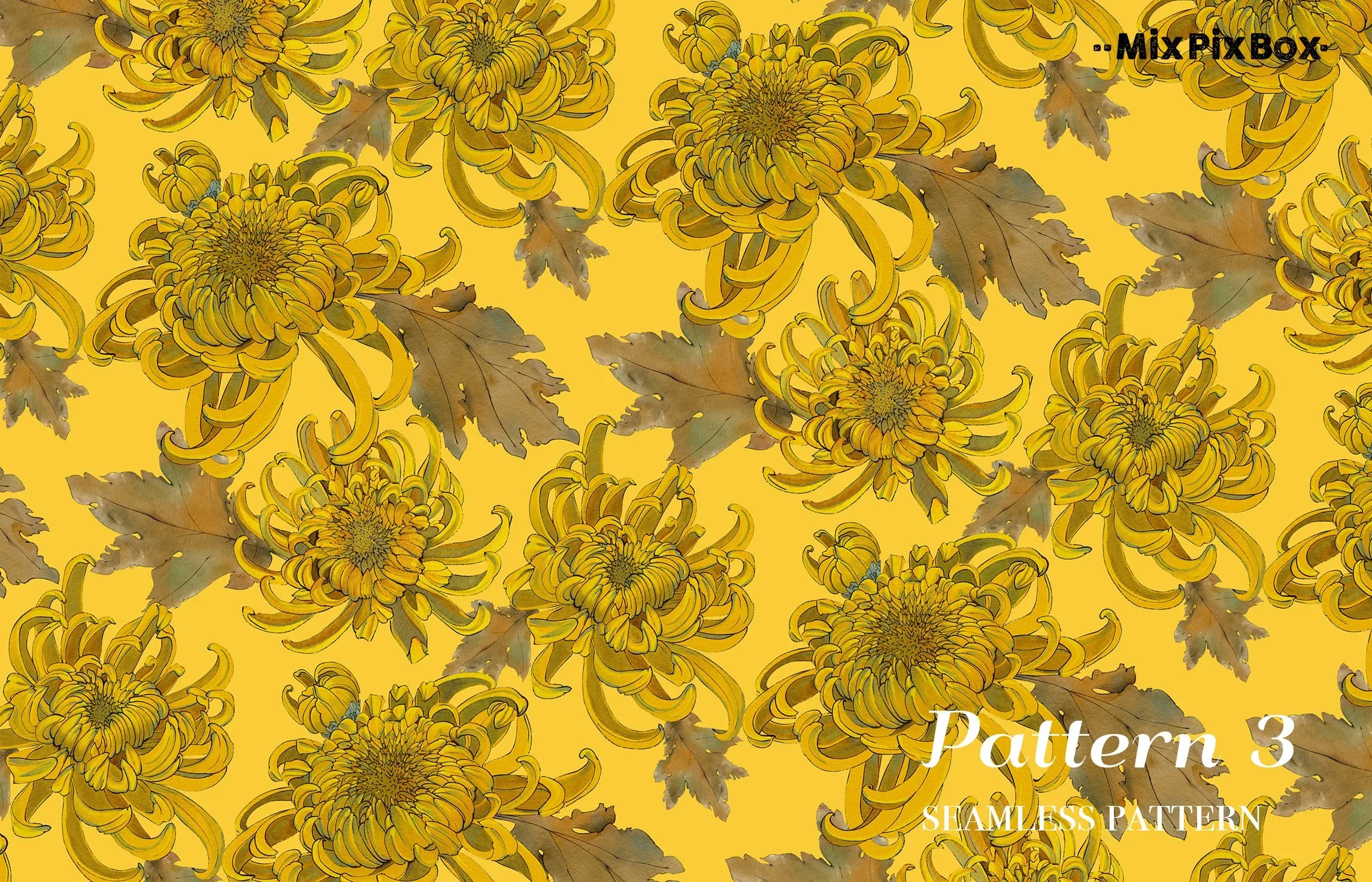 Golden Chrysanthemum Seamless Pattern Set