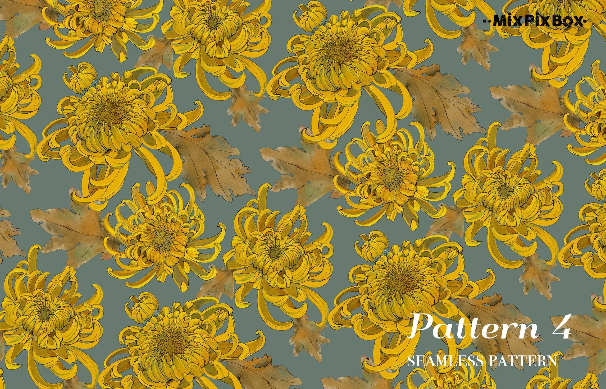Golden Chrysanthemum Seamless Pattern Set