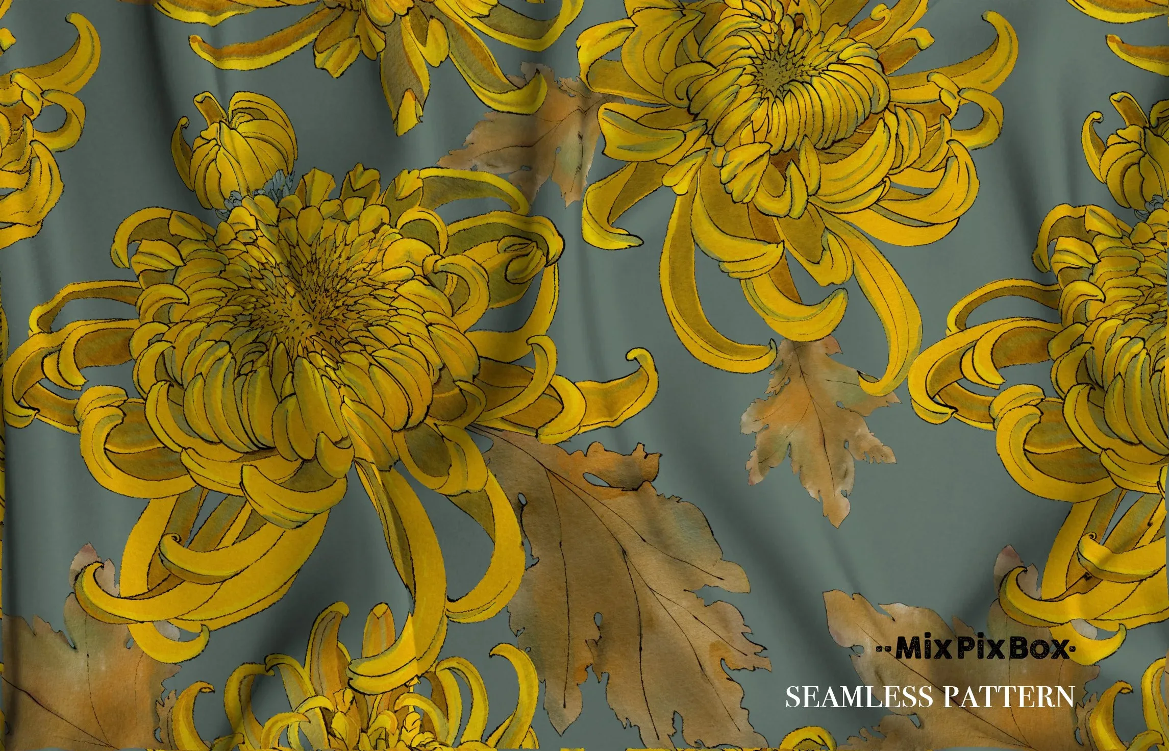 Golden Chrysanthemum Seamless Pattern Set