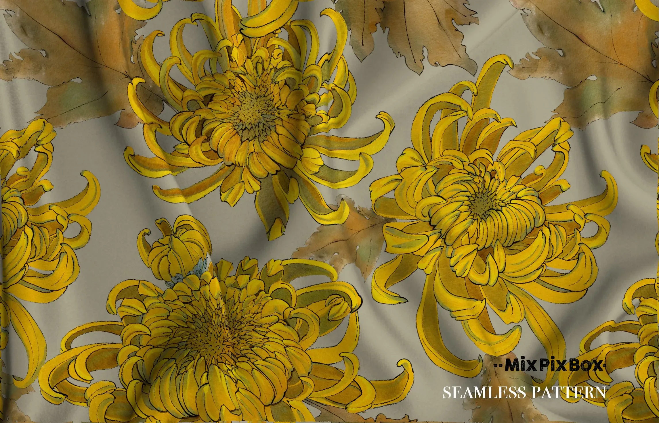 Golden Chrysanthemum Seamless Pattern Set