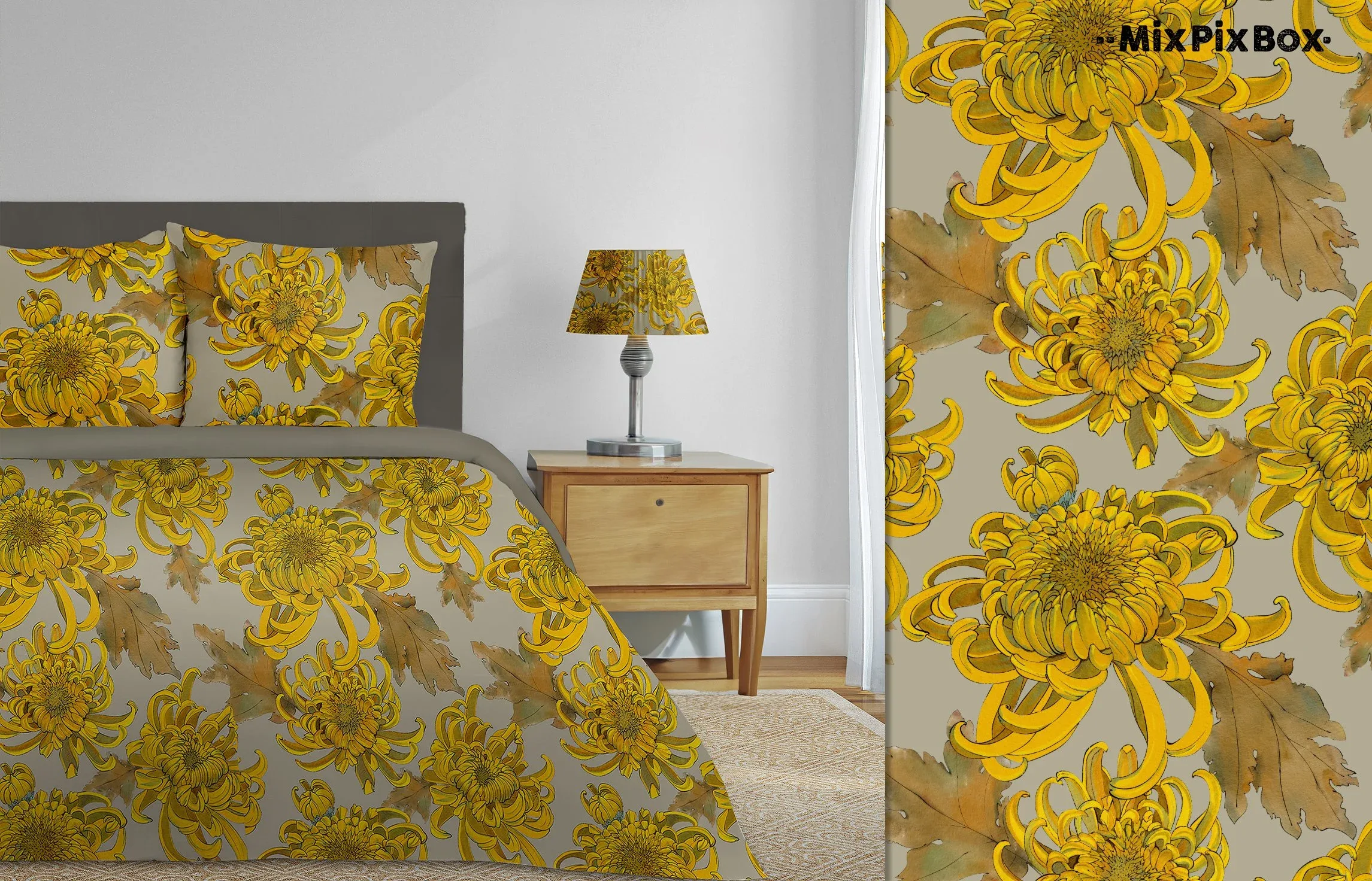 Golden Chrysanthemum Seamless Pattern Set