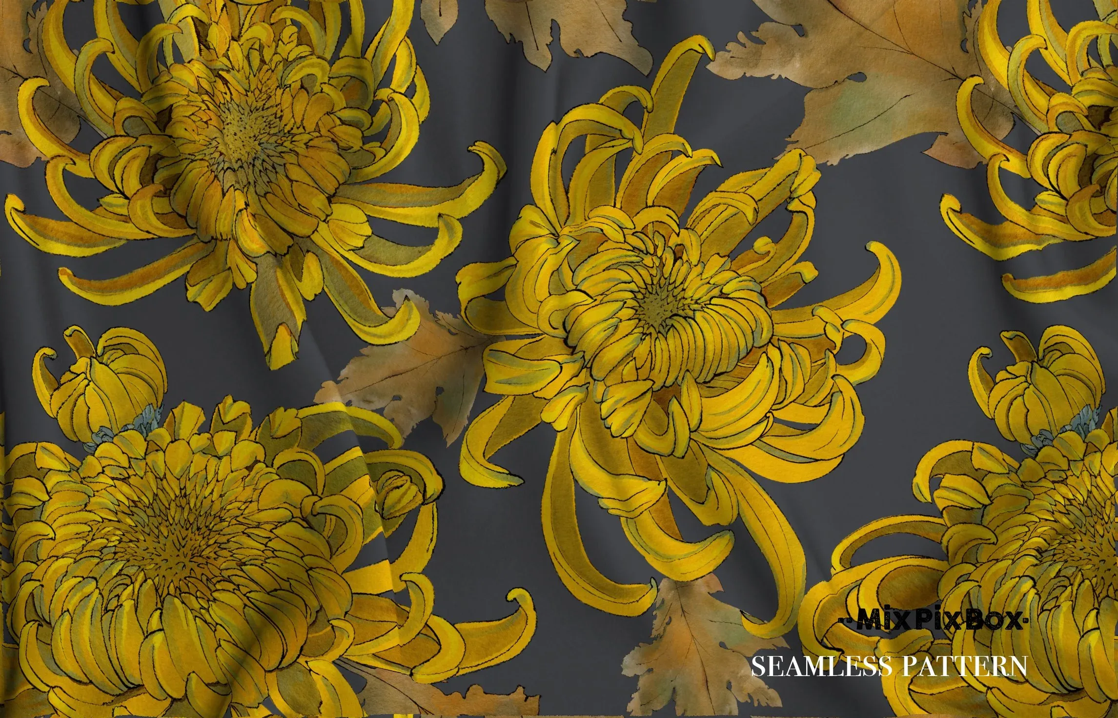 Golden Chrysanthemum Seamless Pattern Set