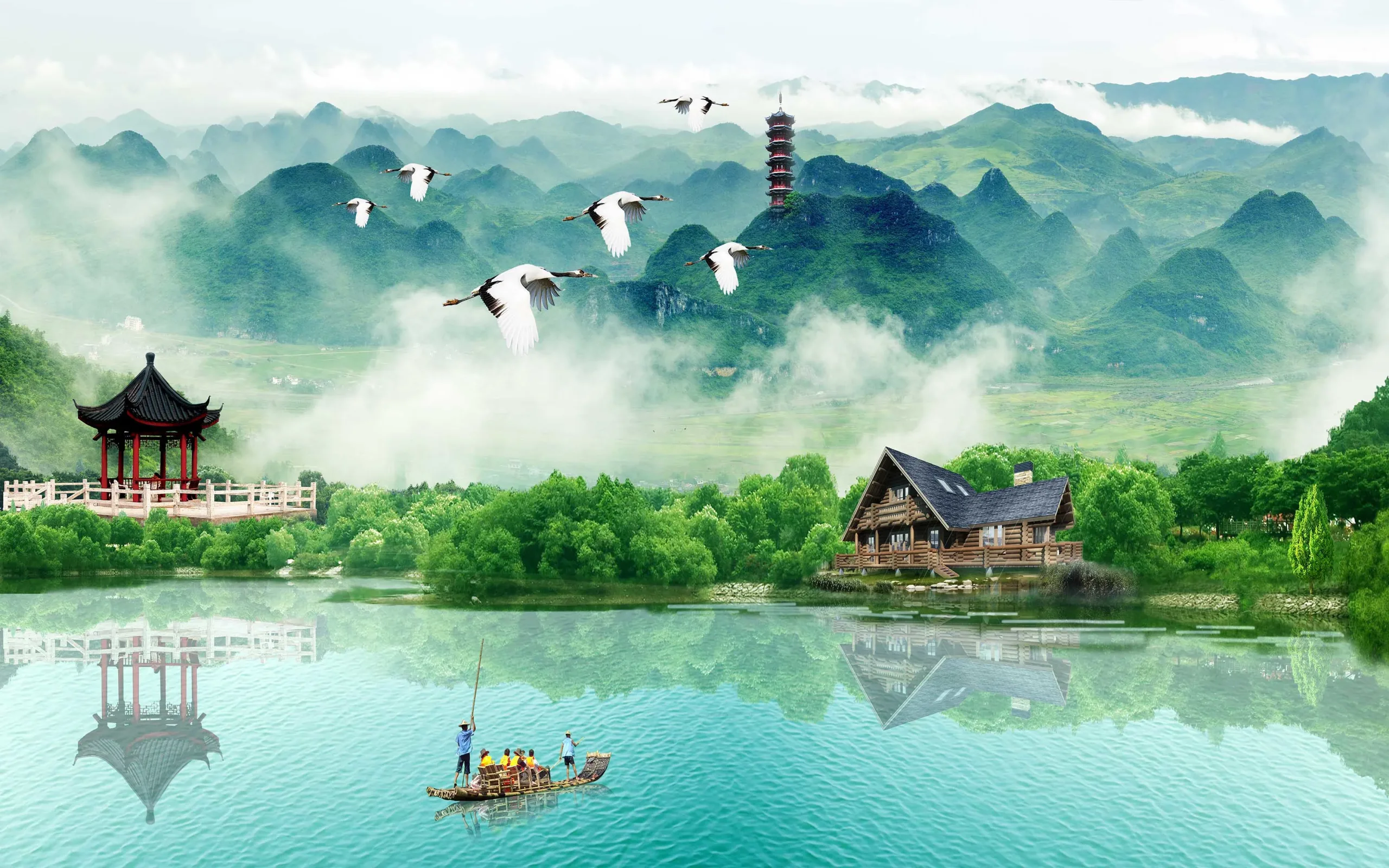 Asian Painting landscape scenery background, PSD File editable template, JPG file