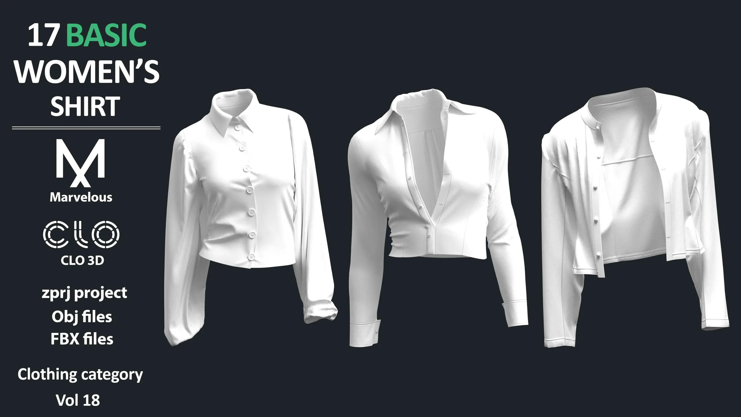 17 BASIC WOMEN'S SHIRTS / ZPRJ + OBJ + FBX / Marvelous + Clo3d