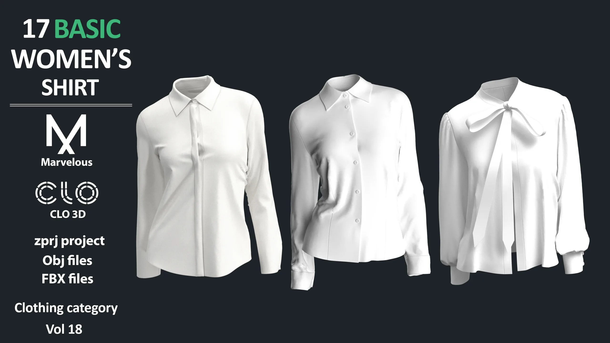 17 BASIC WOMEN'S SHIRTS / ZPRJ + OBJ + FBX / Marvelous + Clo3d