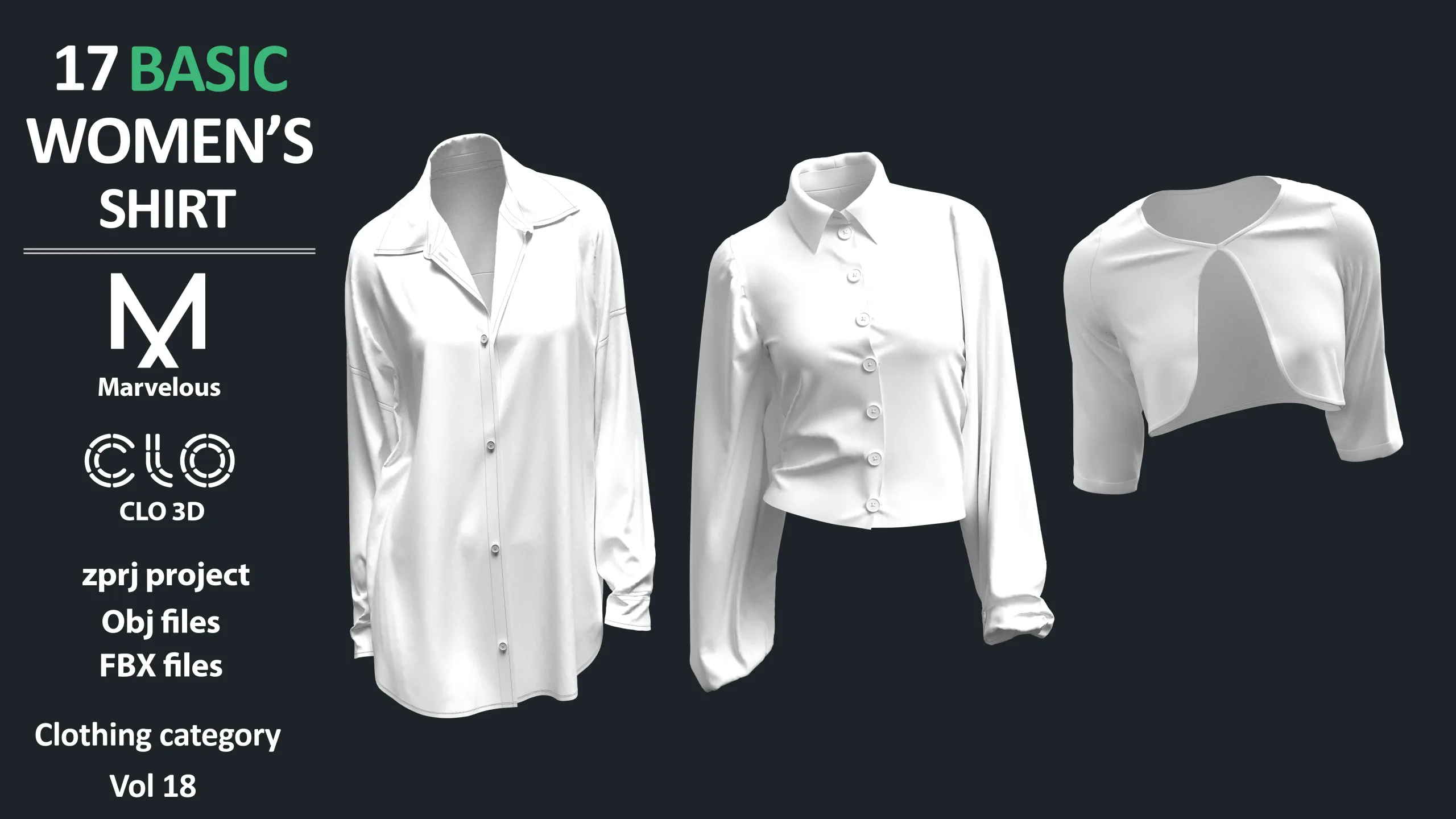 17 BASIC WOMEN'S SHIRTS / ZPRJ + OBJ + FBX / Marvelous + Clo3d