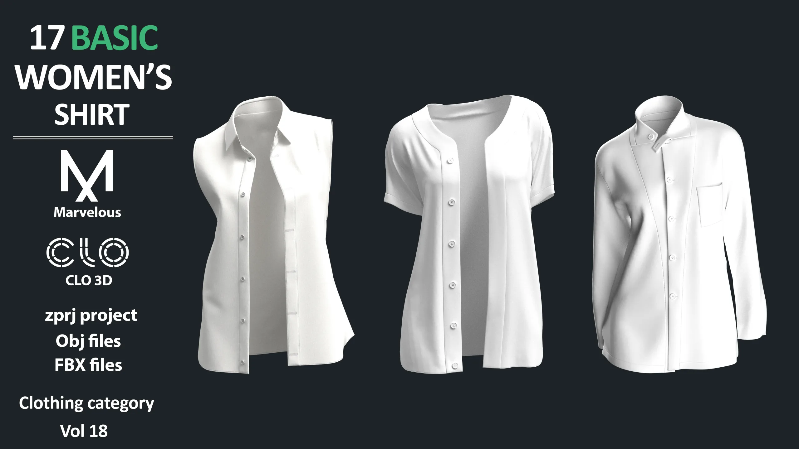 17 BASIC WOMEN'S SHIRTS / ZPRJ + OBJ + FBX / Marvelous + Clo3d