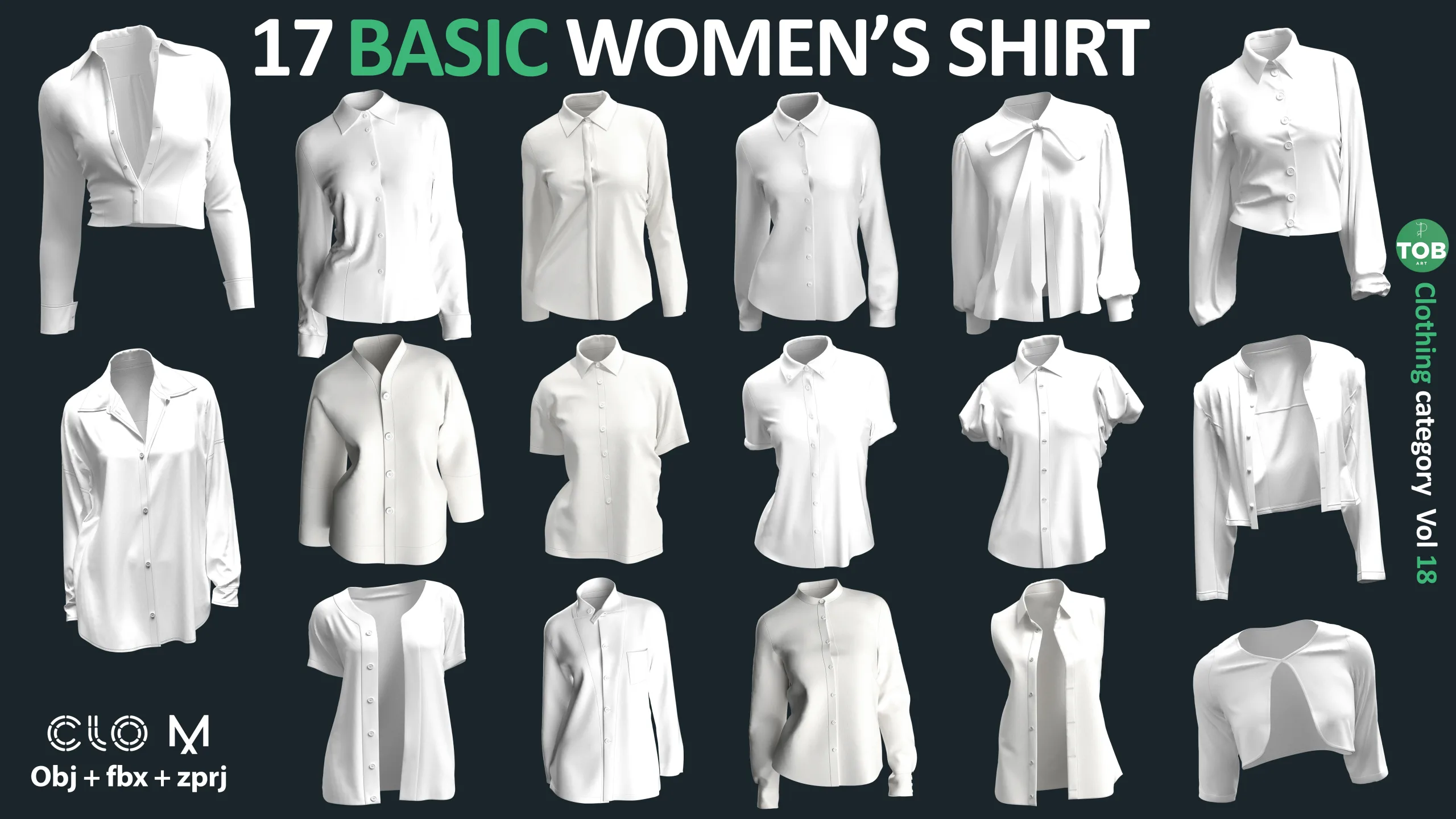 17 BASIC WOMEN'S SHIRTS / ZPRJ + OBJ + FBX / Marvelous + Clo3d