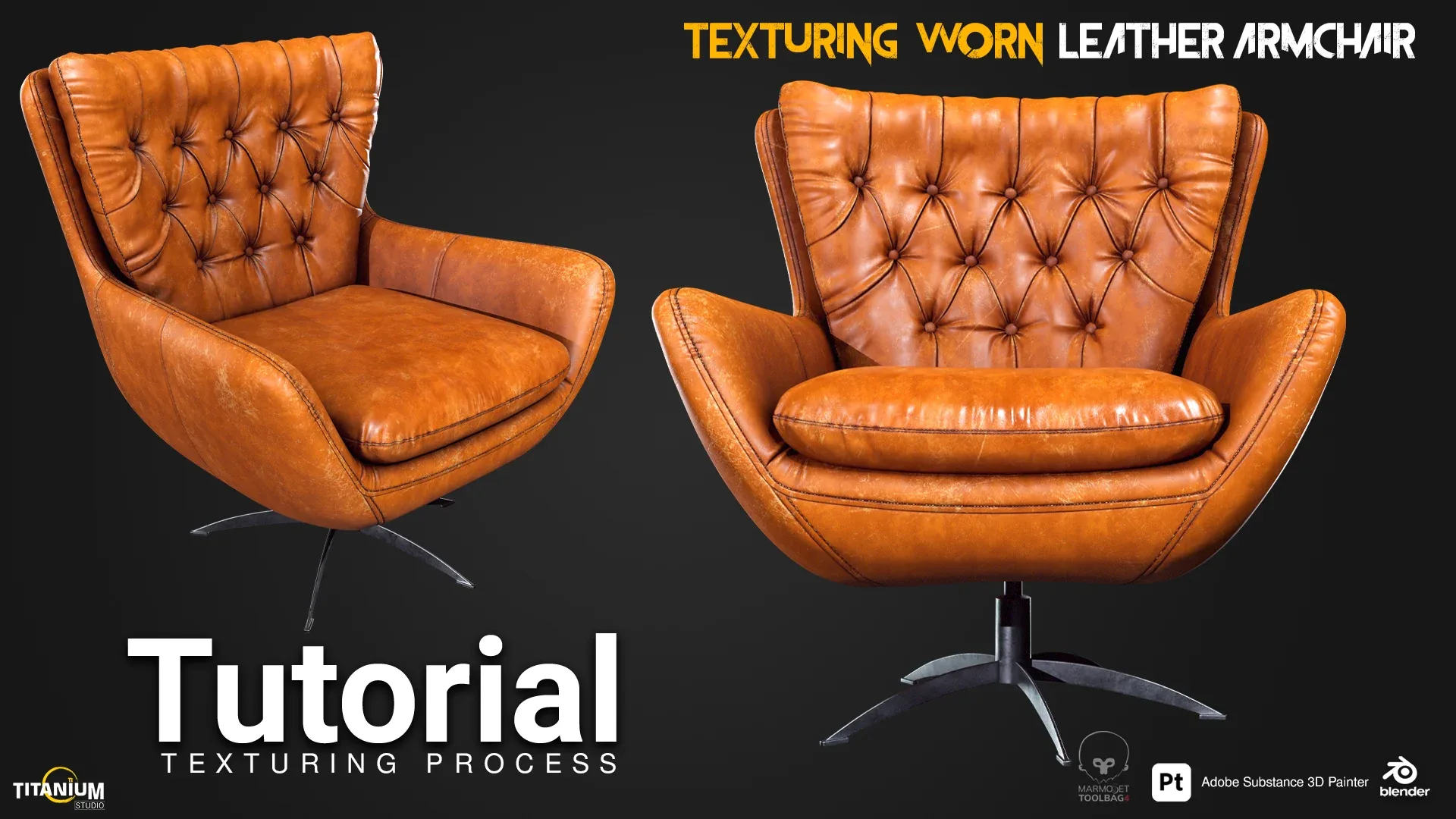 Texturing Process of a Worn Leather Armchair in Substance 3D Painter + Marmoset Rendering