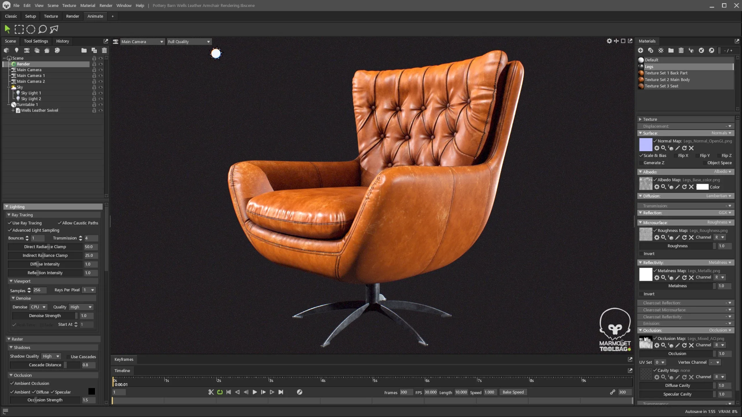 Texturing Process of a Worn Leather Armchair in Substance 3D Painter + Marmoset Rendering