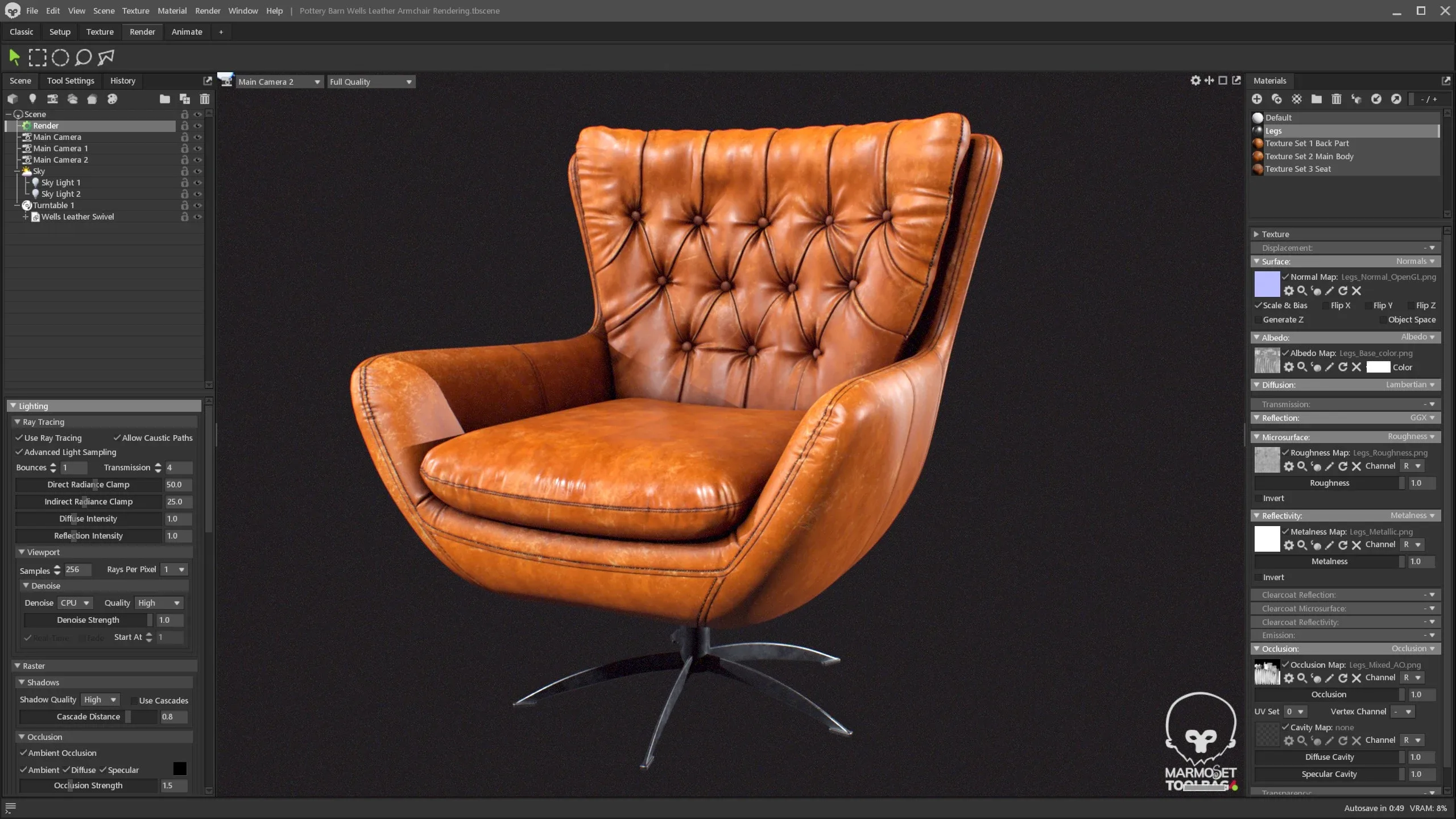 Texturing Process of a Worn Leather Armchair in Substance 3D Painter + Marmoset Rendering