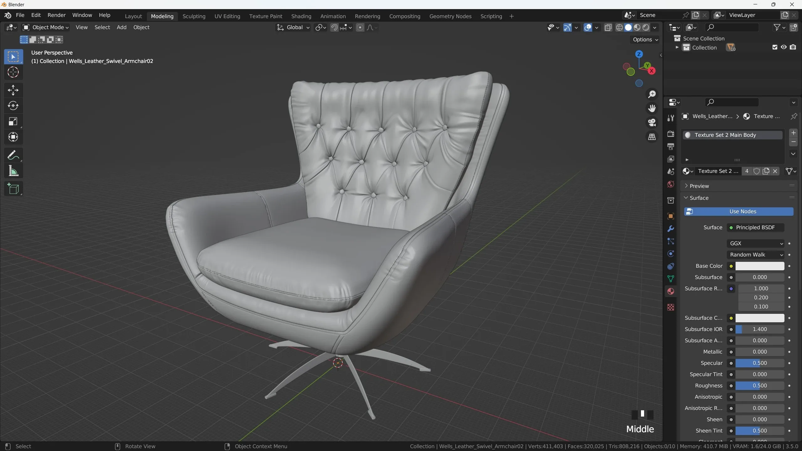Texturing Process of a Worn Leather Armchair in Substance 3D Painter + Marmoset Rendering