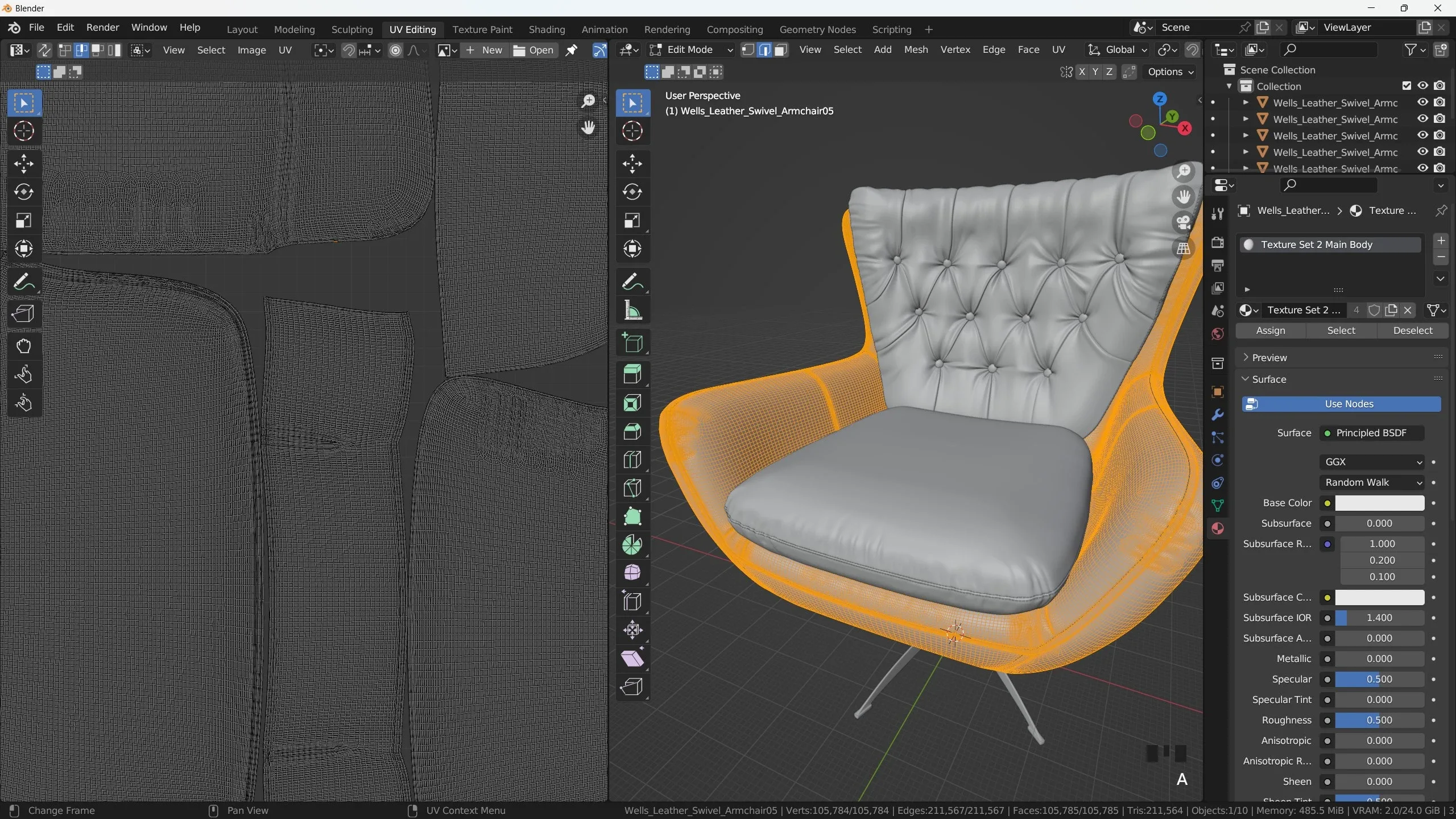 Texturing Process of a Worn Leather Armchair in Substance 3D Painter + Marmoset Rendering
