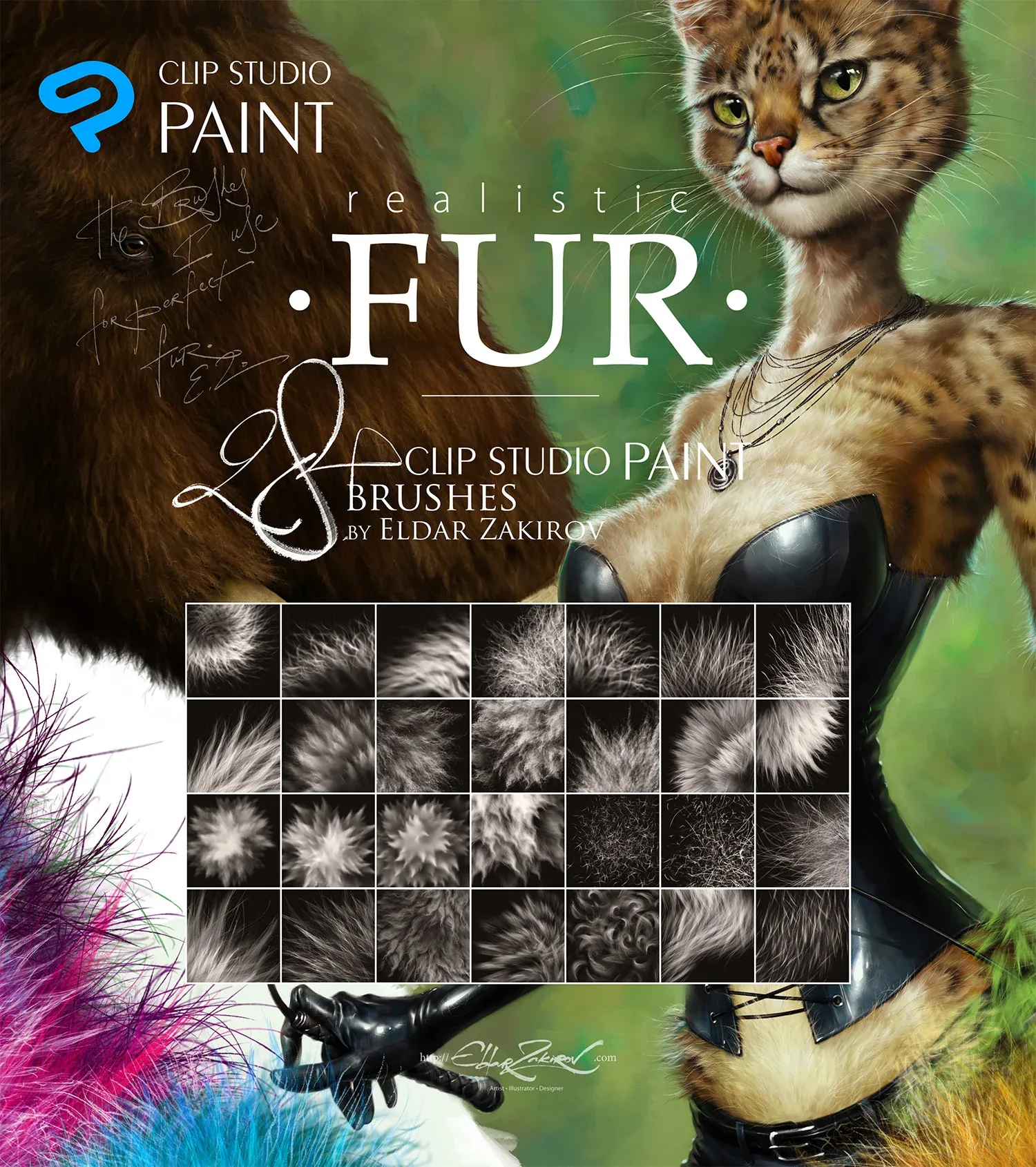 Realistic FUR: 28 Brushes for CLIP STUDIO PAINT for painting furries, animals, fluff, etc.