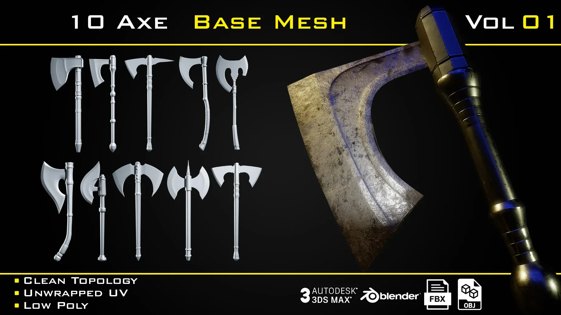 10 Axe BASE MESH - VOL 01 Game Ready