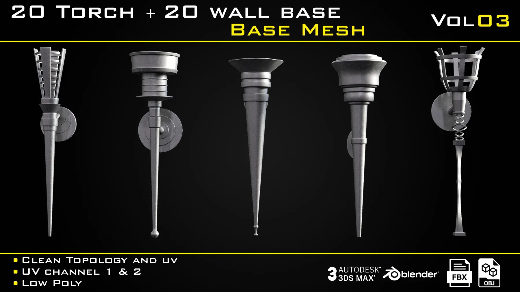 20 Torch with 20 wall base - BASE MESH - VOL 03 Game ready