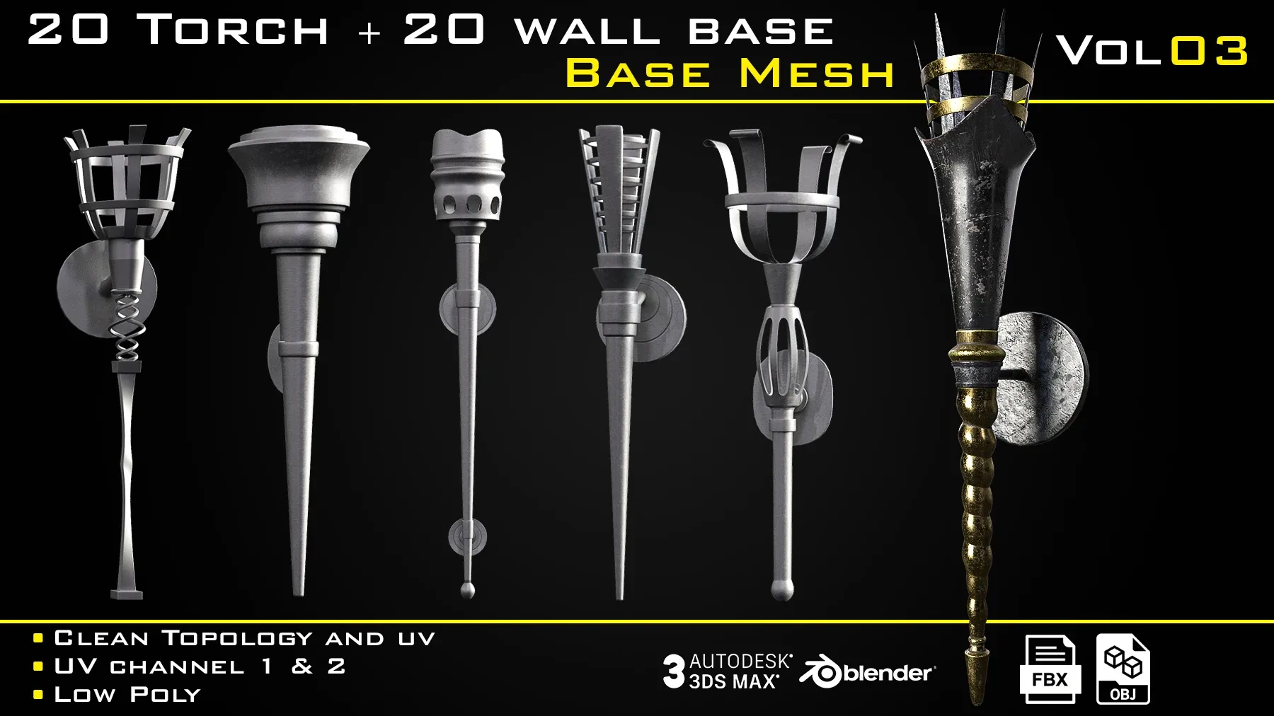 20 Torch with 20 wall base - BASE MESH - VOL 03 Game ready