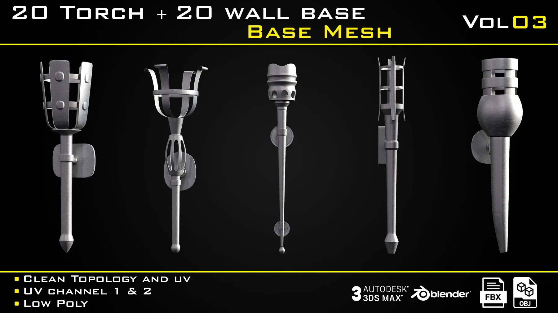 20 Torch with 20 wall base - BASE MESH - VOL 03 Game ready