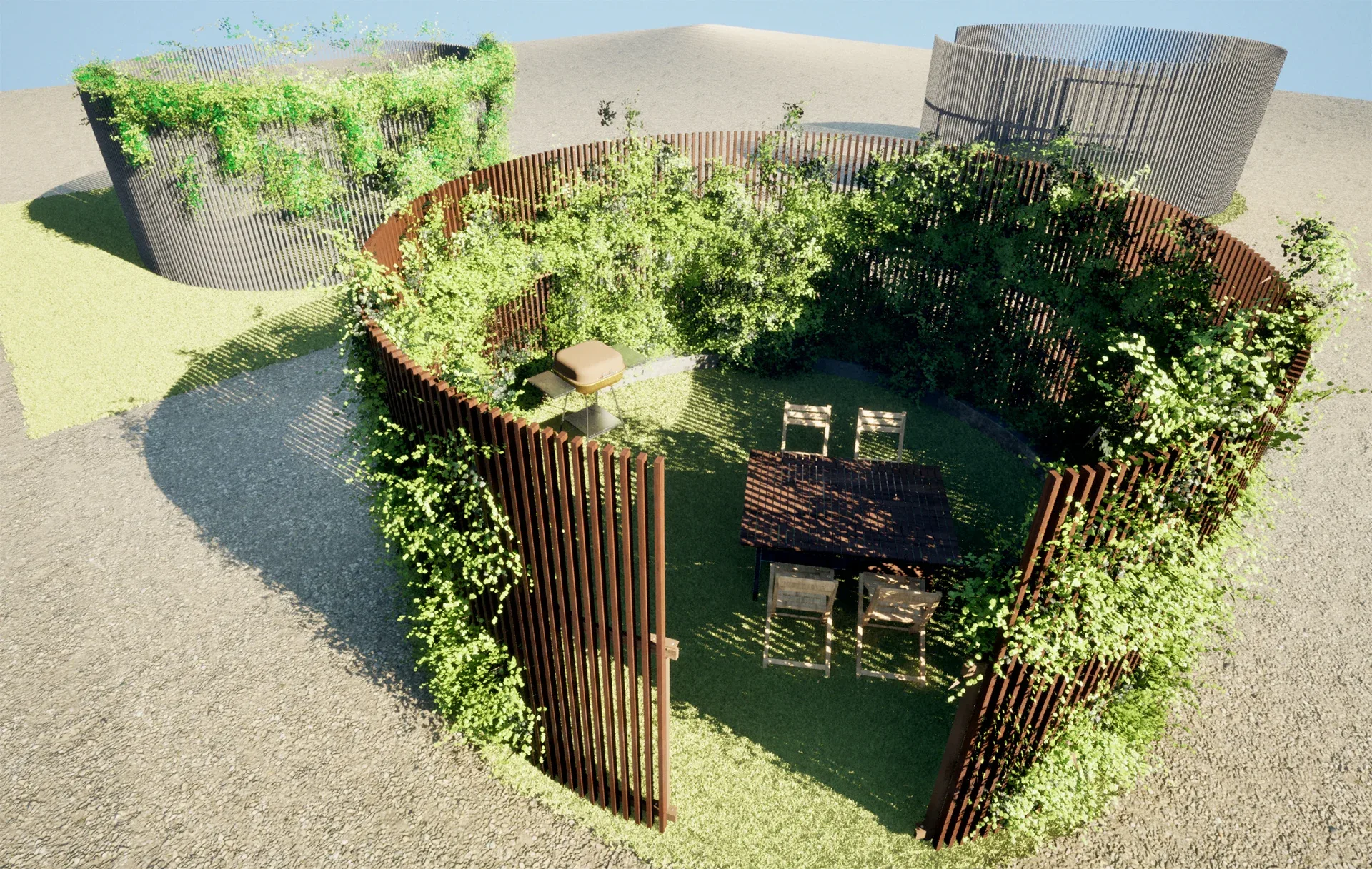 Realistic gazebo with living wood fence